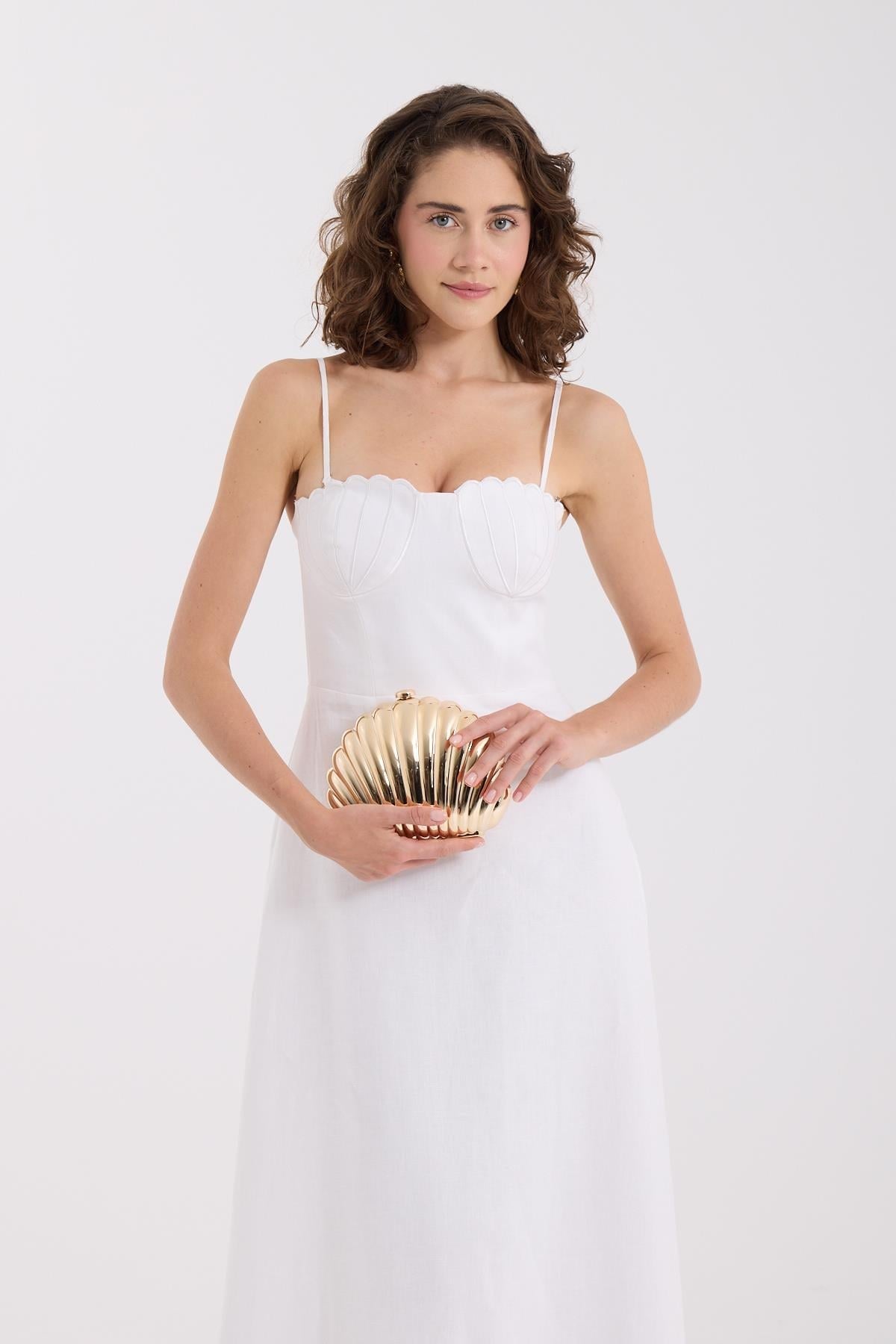 Seashell Bloom %100 Linen Maxi Dress White