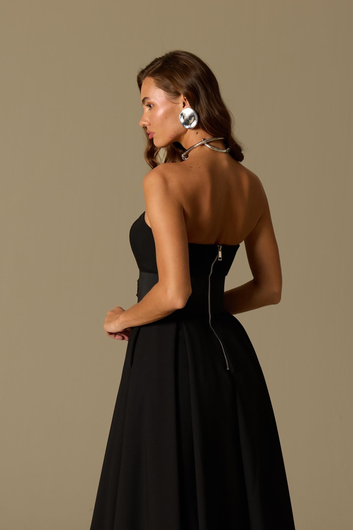 Sophisticated Corsage Elegance Maxi Boy Elbise Siyah