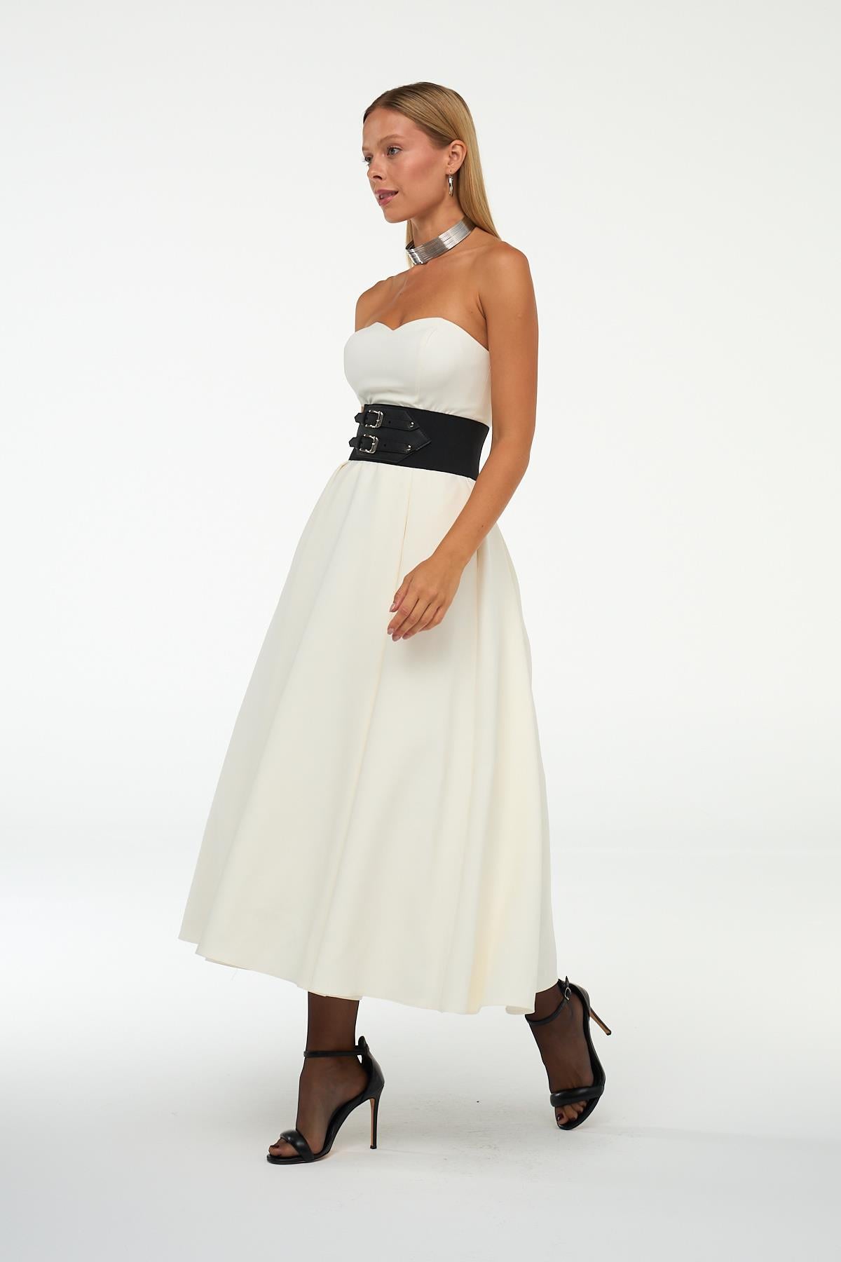 Sophisticated Corsage Elegance Maxi Boy Elbise Ekru