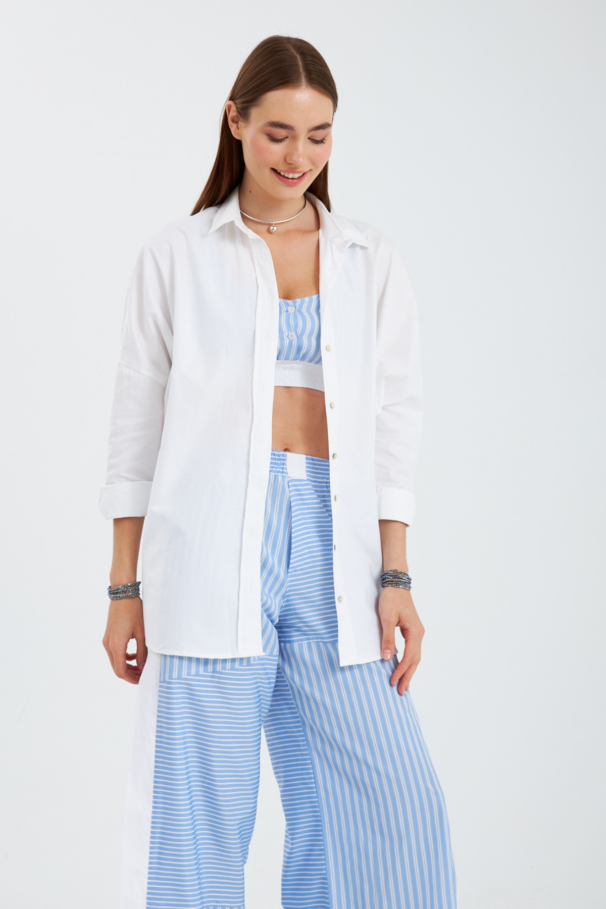 Street Serisi Çizgili Poplin Pantolon Mavi