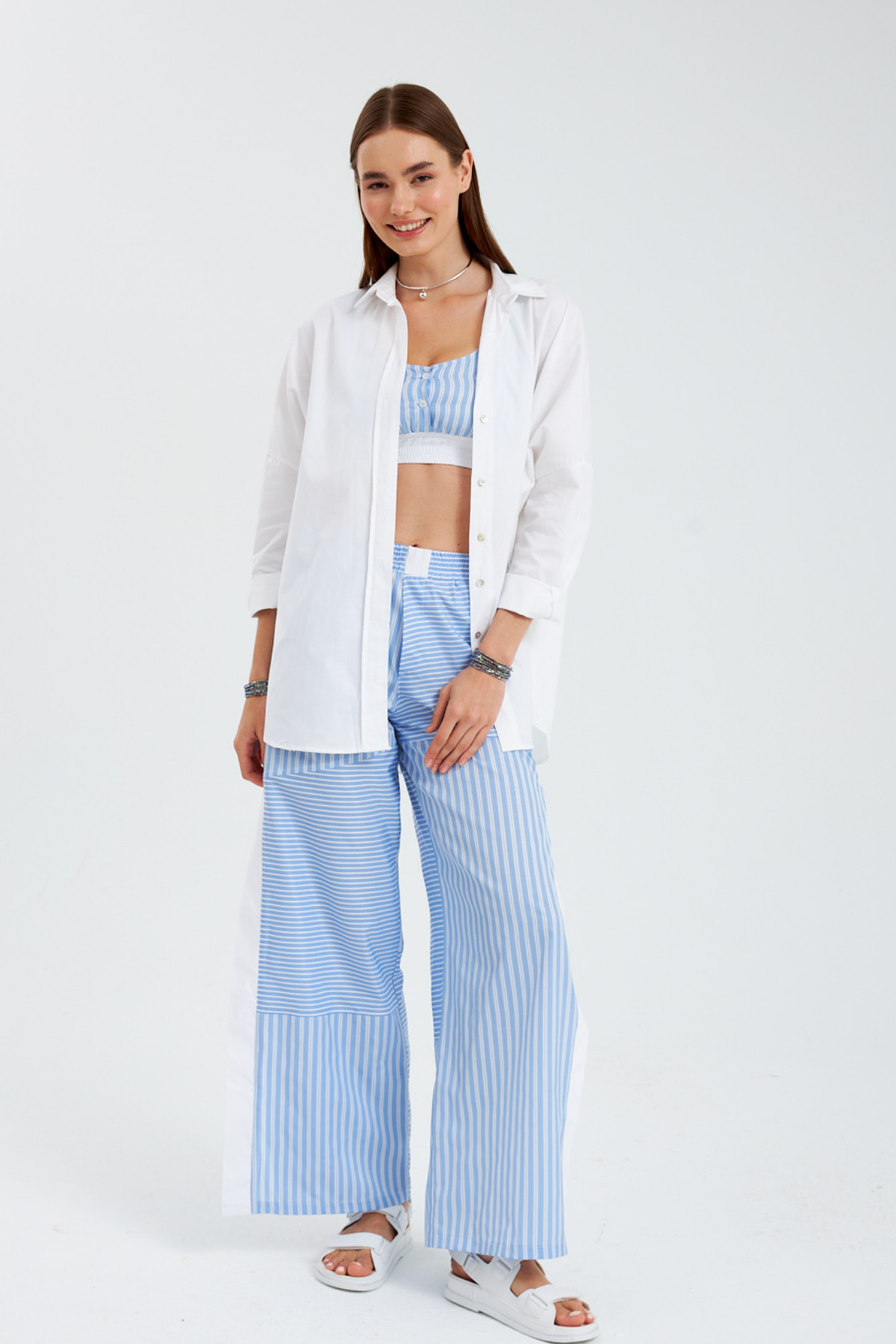 Street Serisi Çizgili Poplin Pantolon Mavi