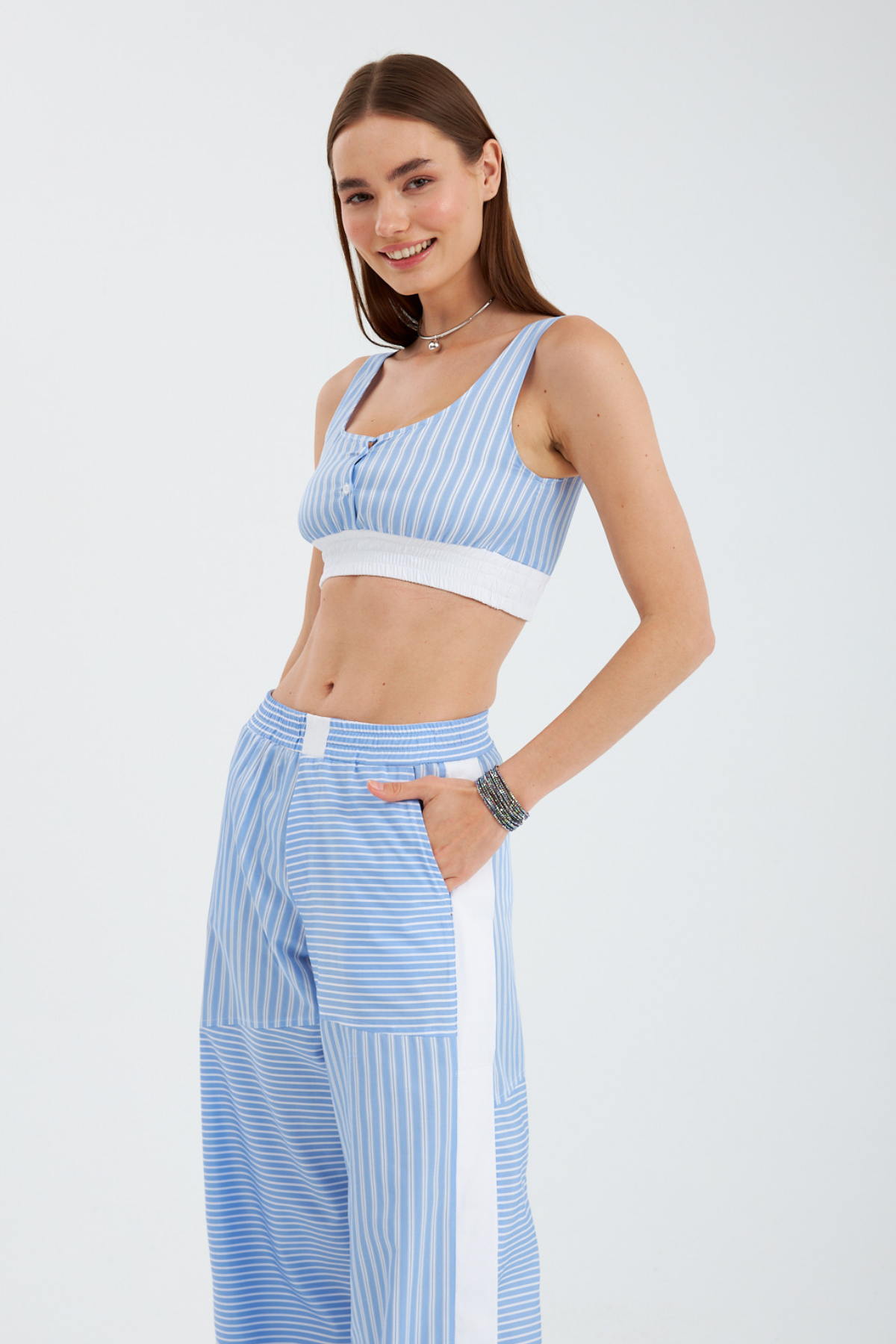 Street Serisi Çizgili Poplin Pantolon Mavi