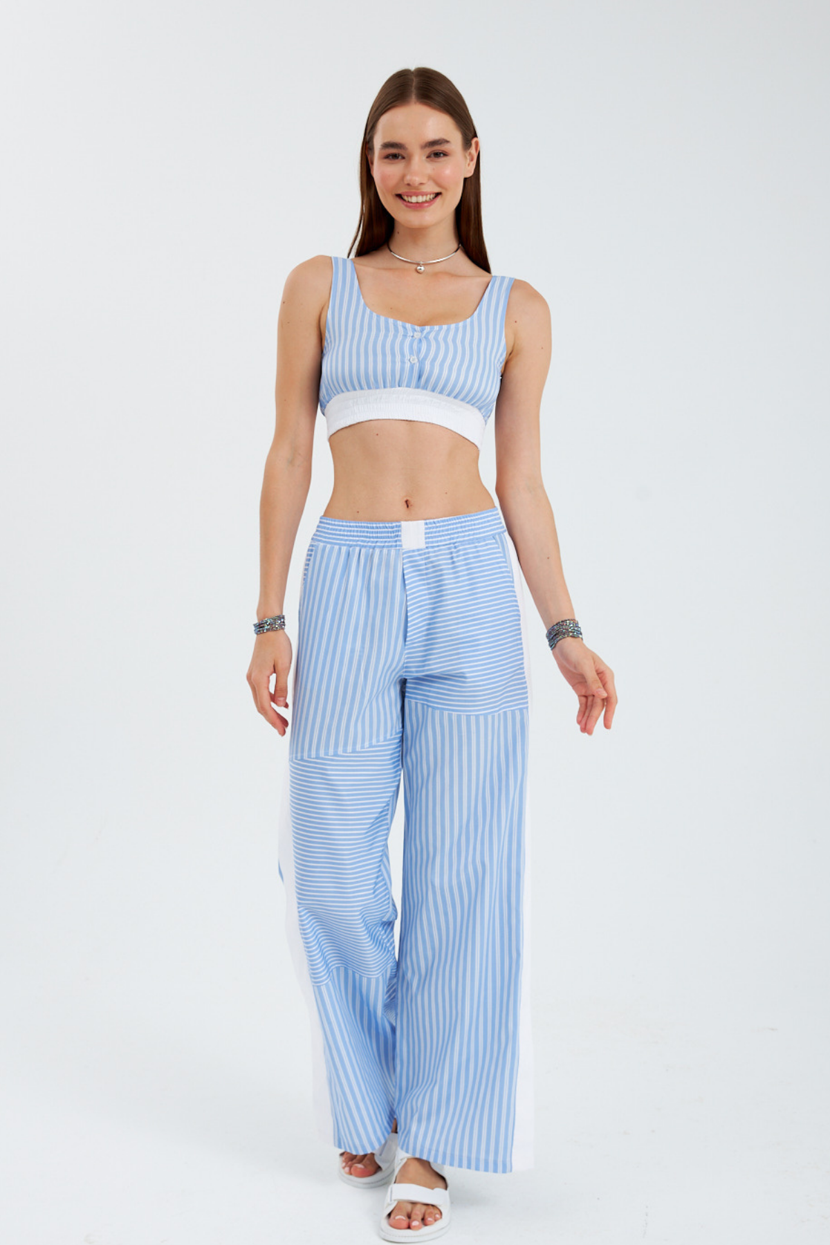 Street Serisi Çizgili Poplin Pantolon Mavi