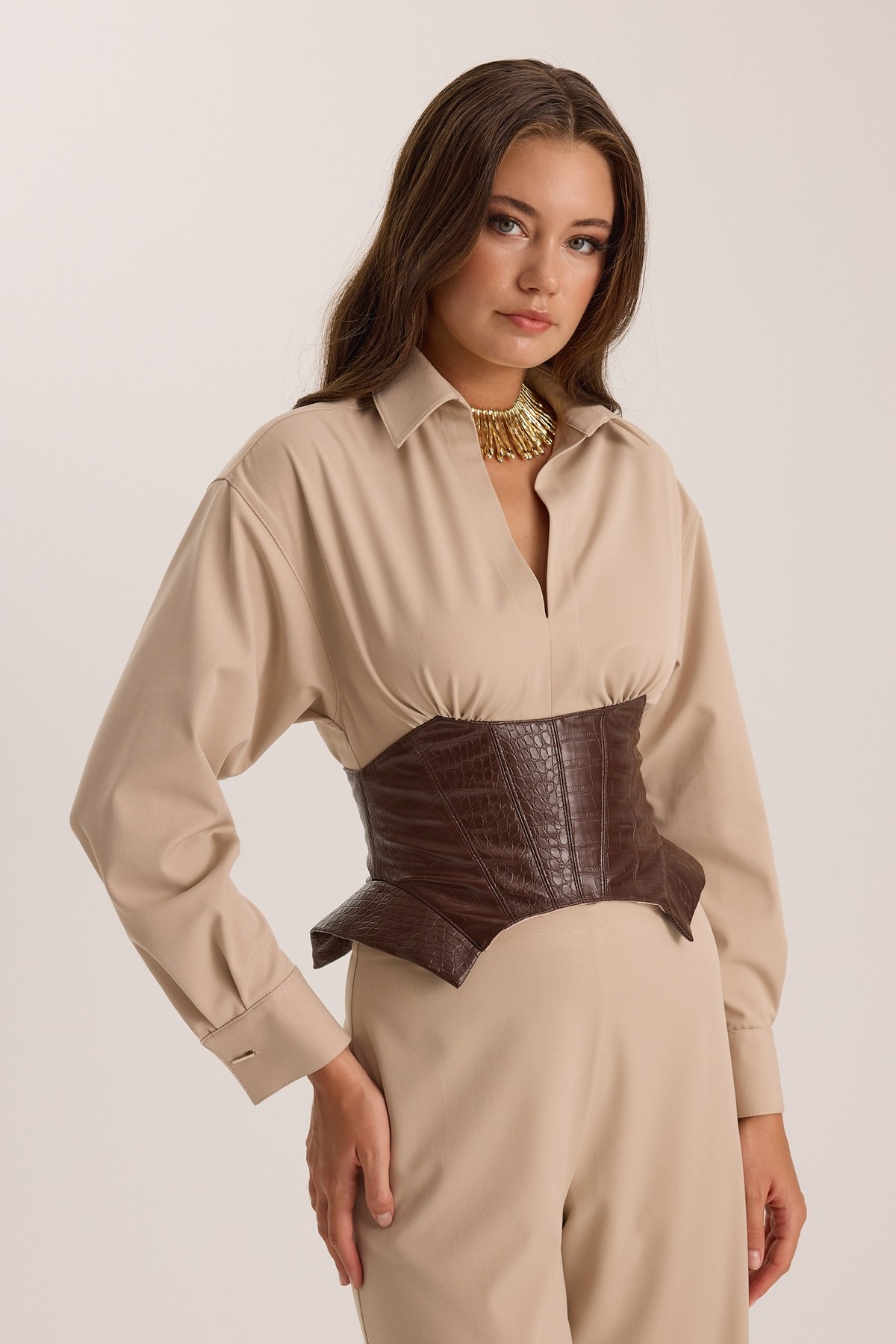 The Contrast Corset Shirt Beige