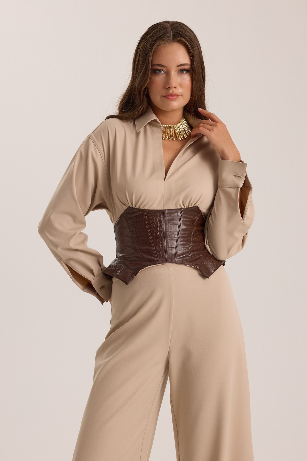 The Contrast Corset Shirt Beige