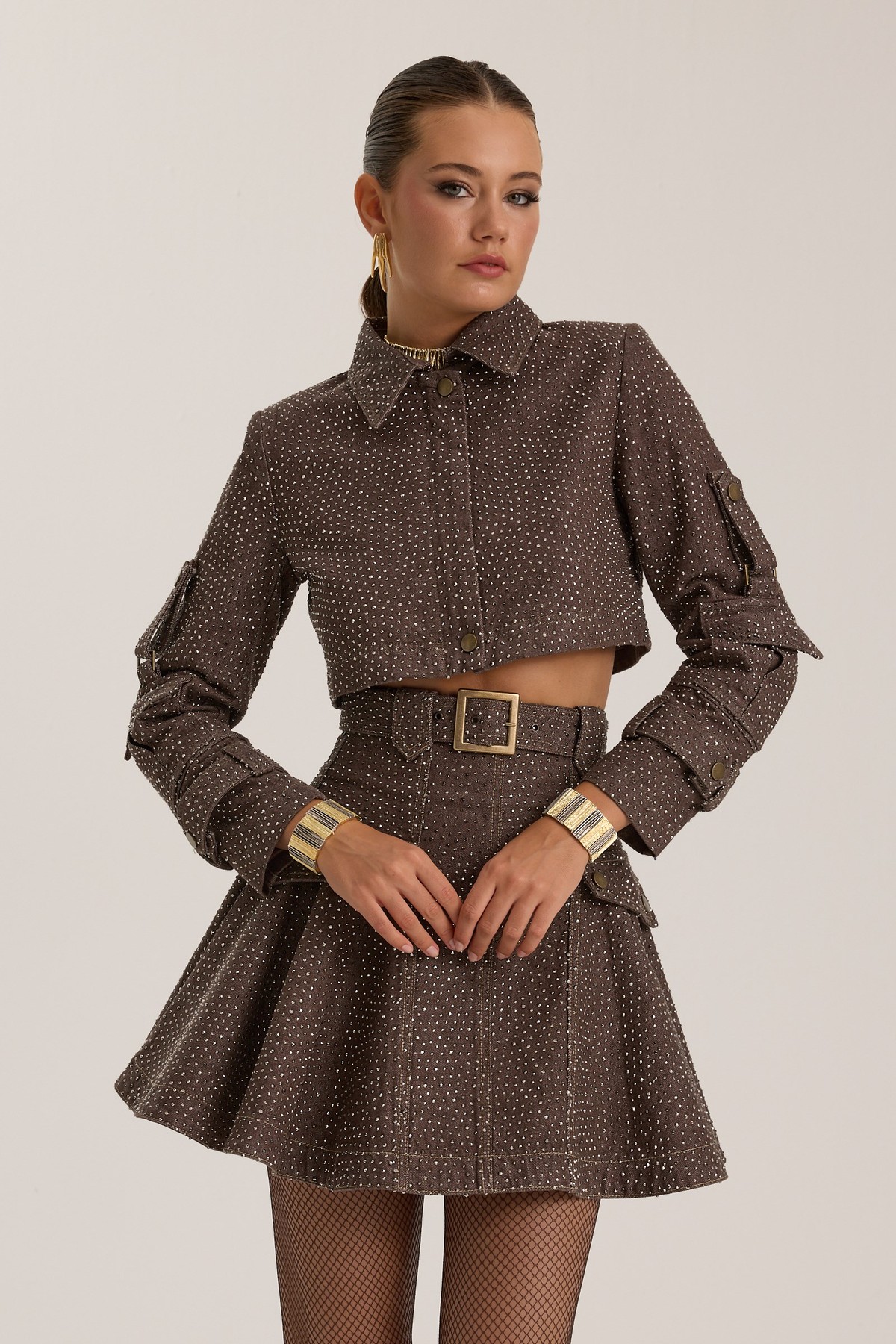 The Force Crystal Denim Skirt CHOCOLATE