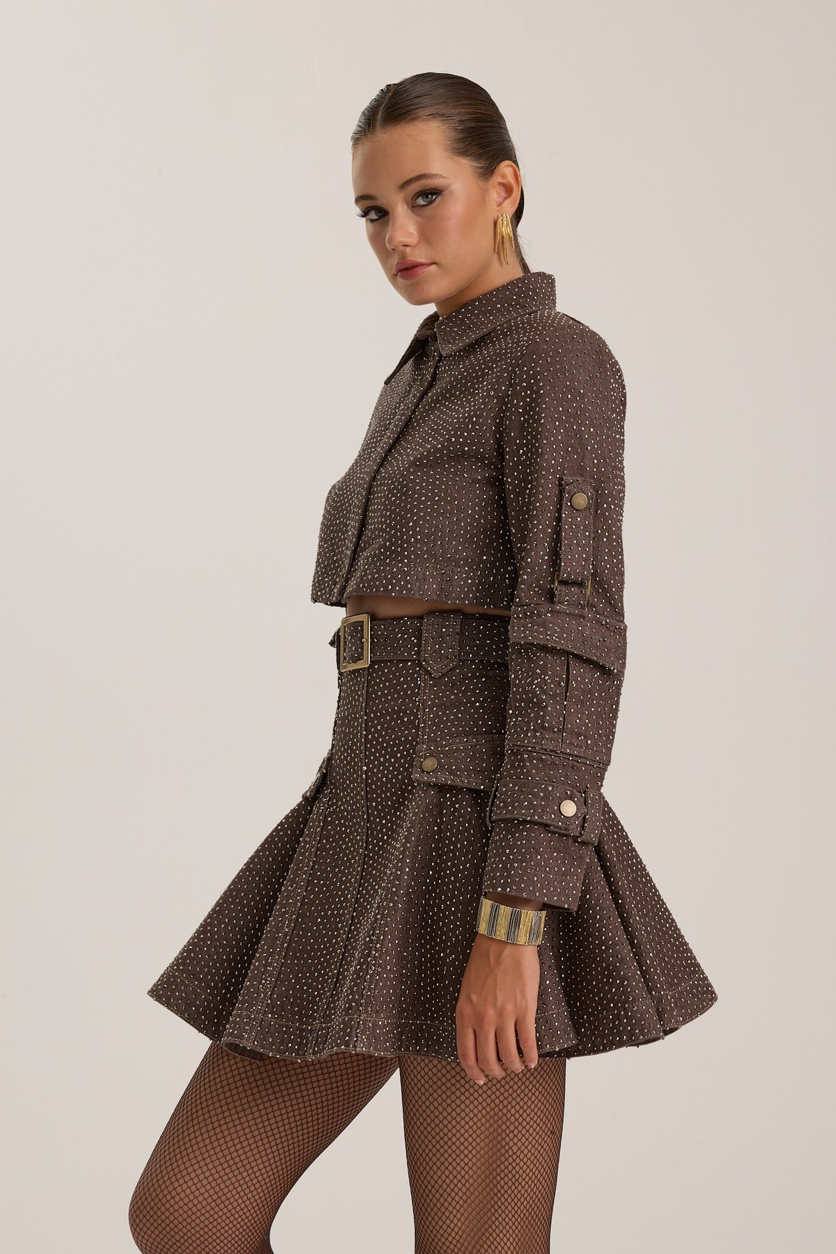 The Force Crystal Denim Skirt CHOCOLATE