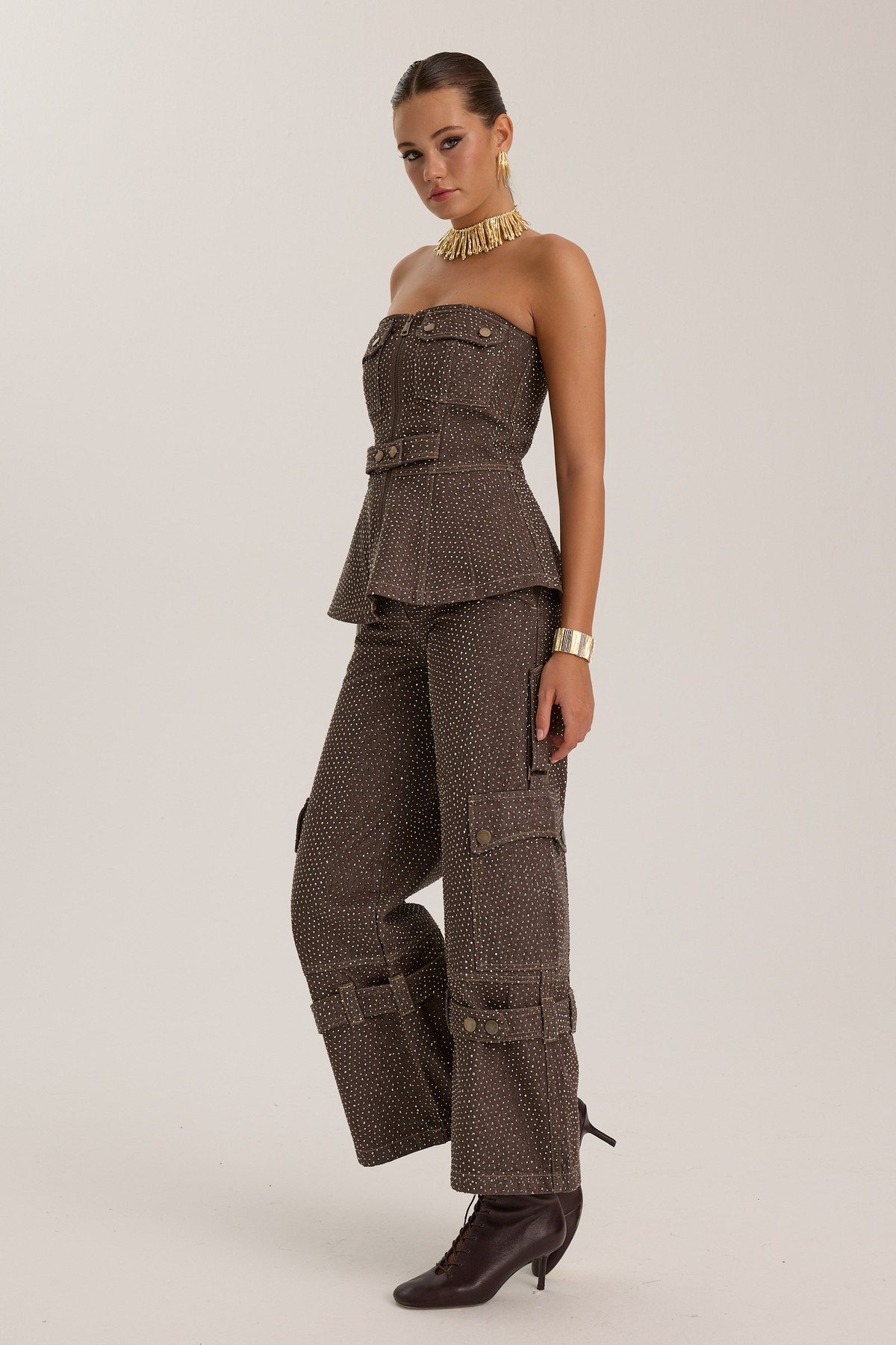 The Rebel Crystal Denim Pant CHOCOLATE