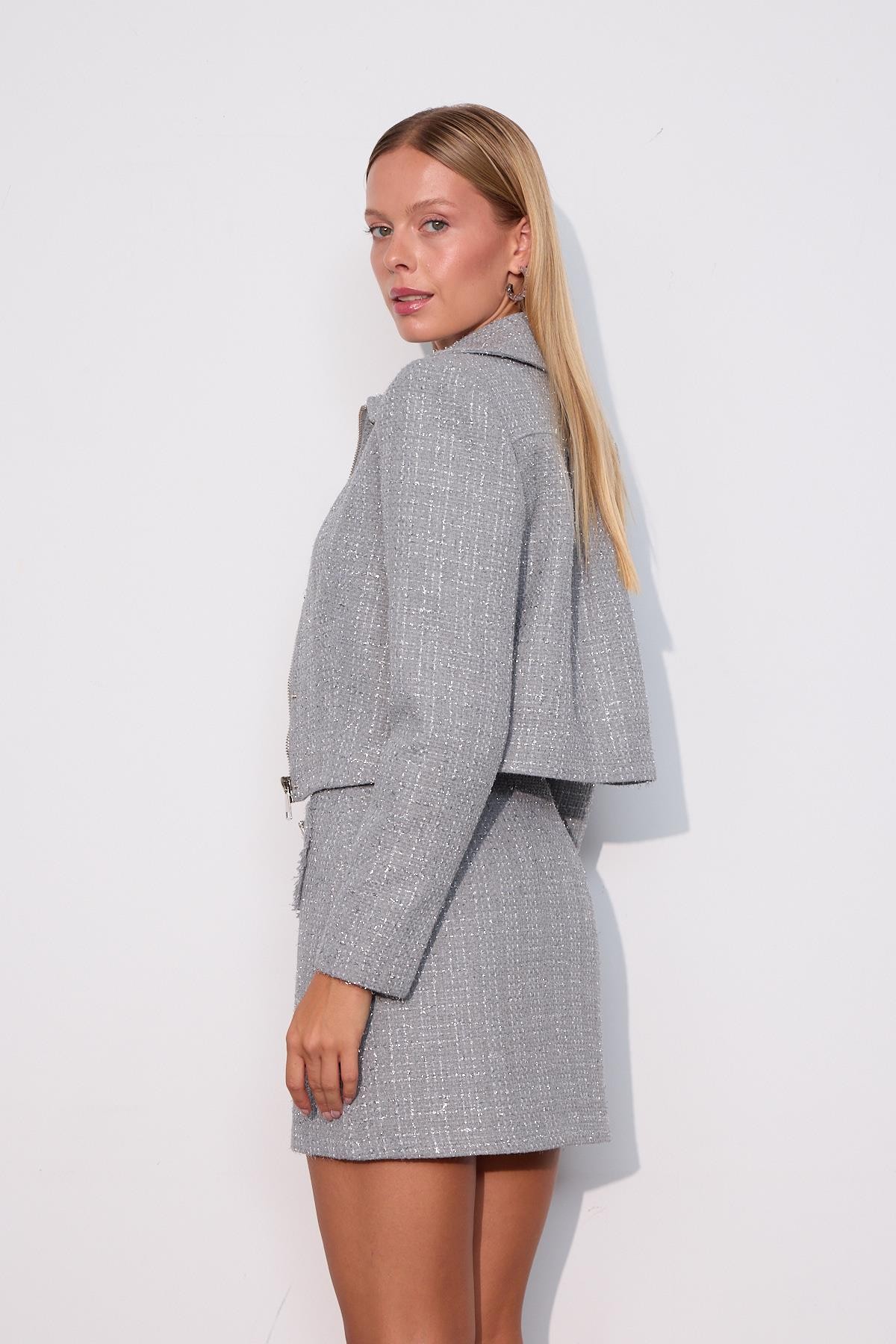 Tweed Royale Sim Detaylı Blazer Ceket Gri