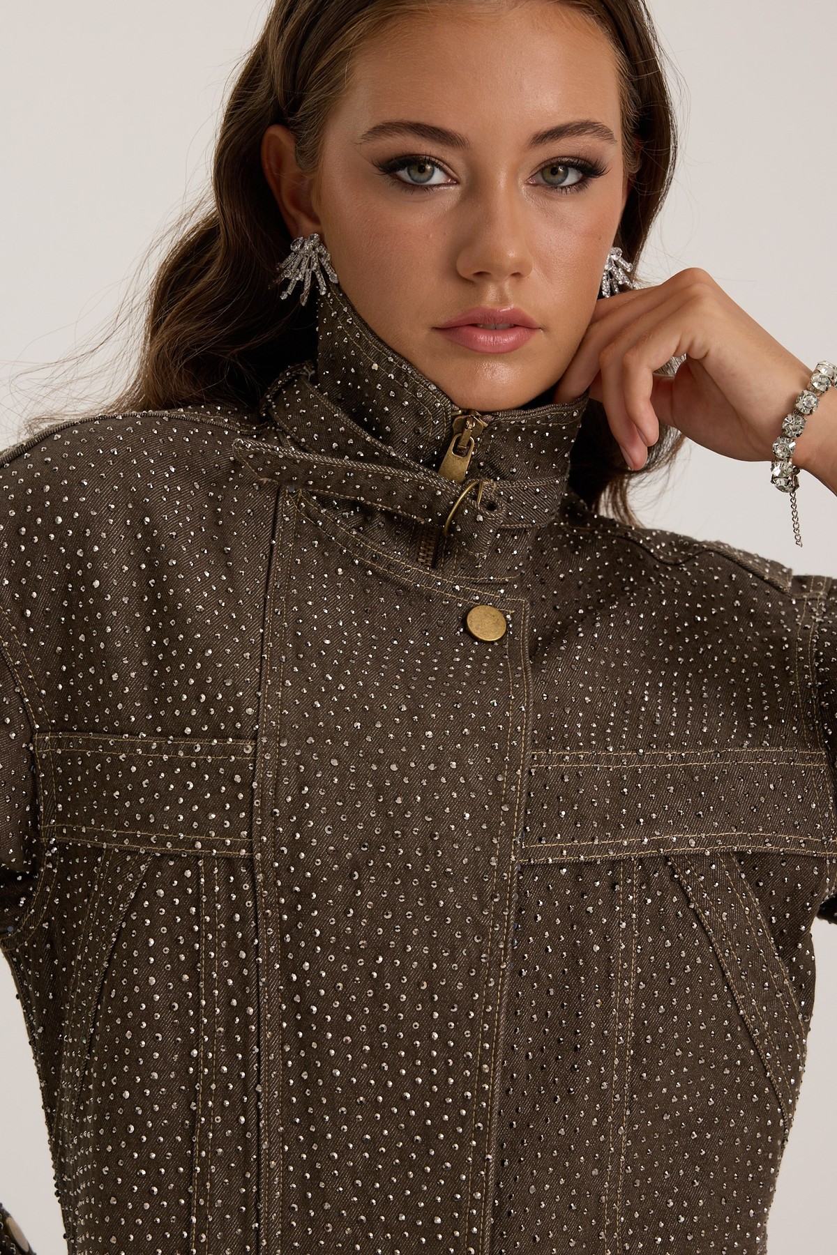 Urban Core Crystal Denim Jacket DARK GREEN