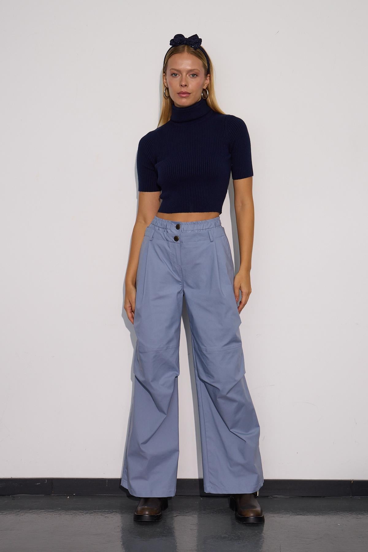 Urban Luxe Bel Detaylı Bol Pantolon İNDİGO