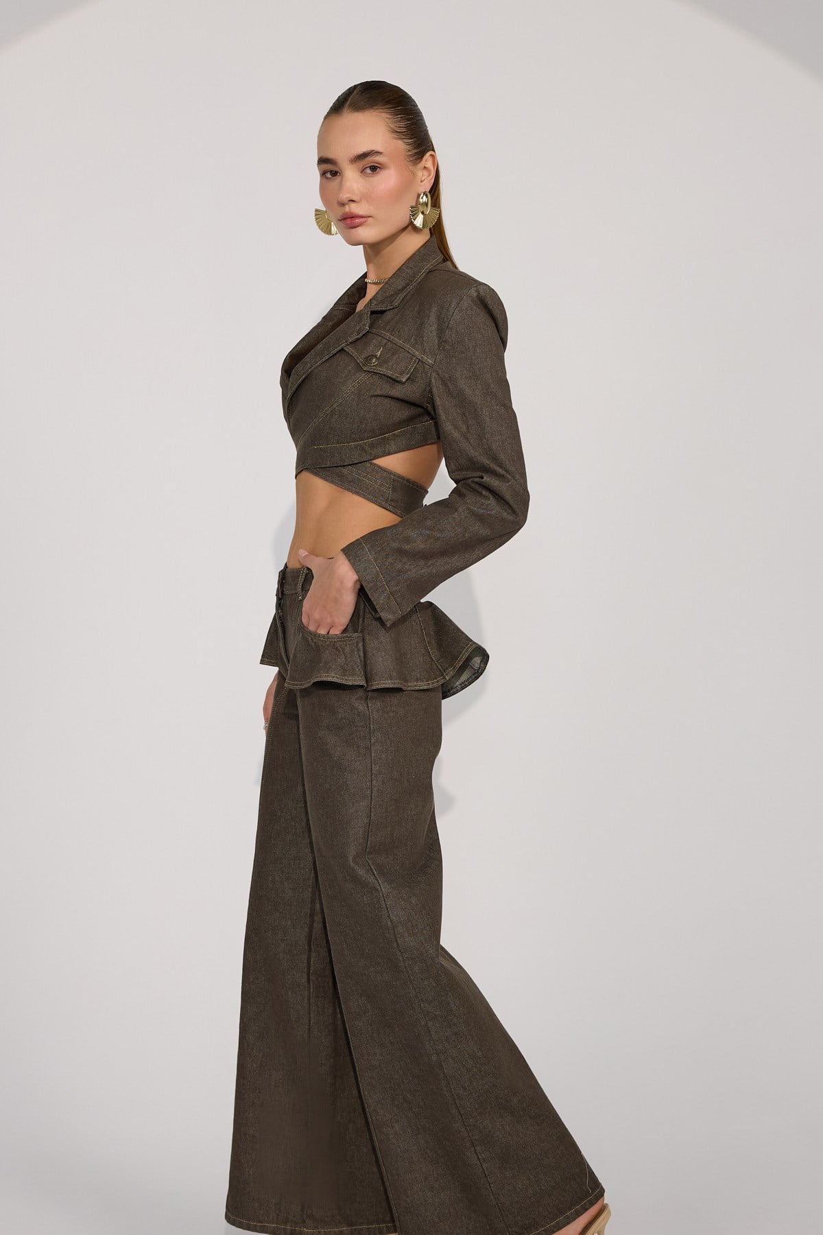 Wrap Denim Jacket Brown