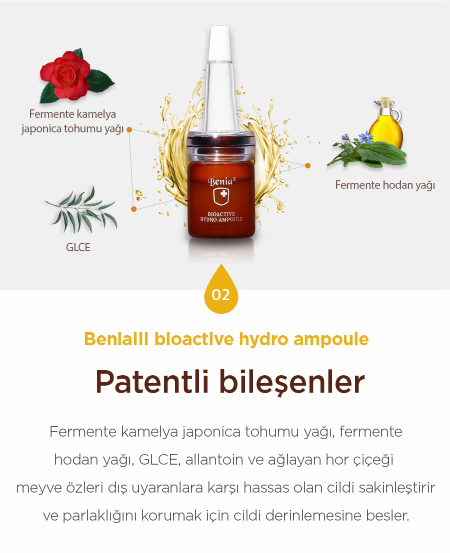 Benia3 Hydro Ampoule patentli içeriklerini anlatan görsel
