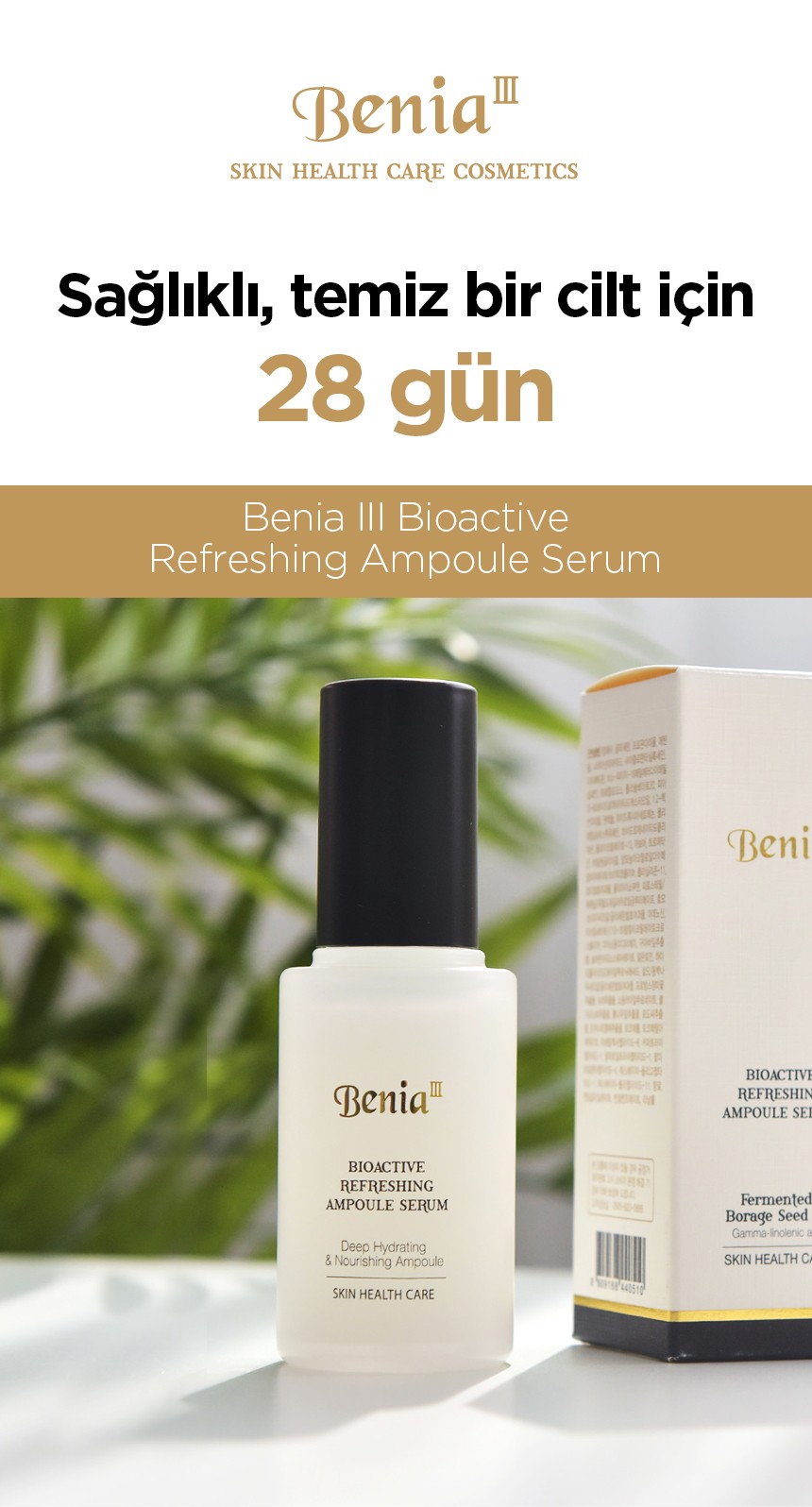 Benia3 Refreshing Ampoule Serum ürün ve ambalaj lifestyle görseli