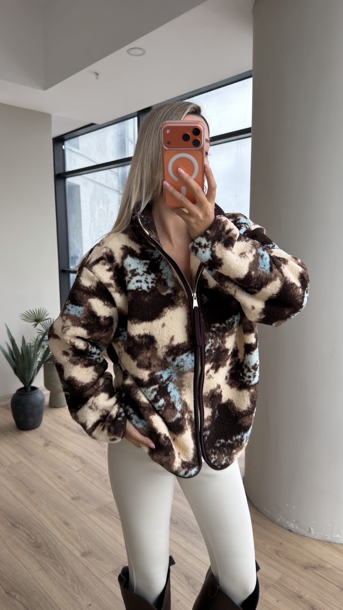 Peluş Teddy Batik Desenli Kahve Mavi Hırka