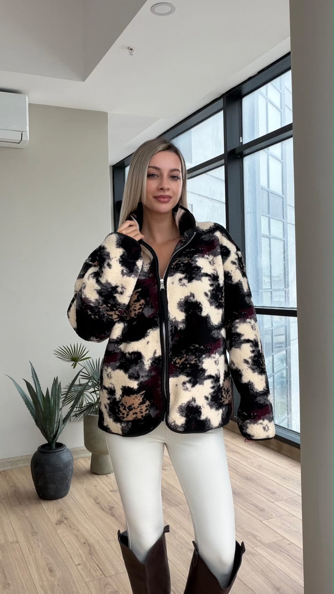 Peluş Teddy Batik Desenli Siyah Bordo Hırka