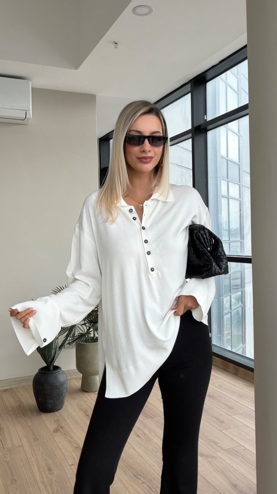 İnce Polo Yaka Kol Detay Triko Ekru