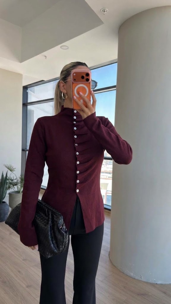 Önü Elitli Bordo Uzun Kol Hırka