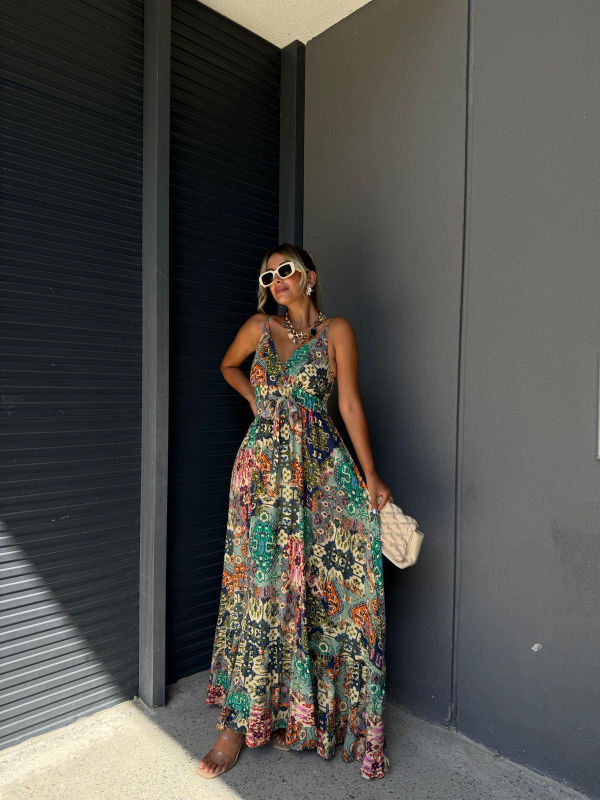 Pinny İp Askı Şal Desenli Yeşil Elbise