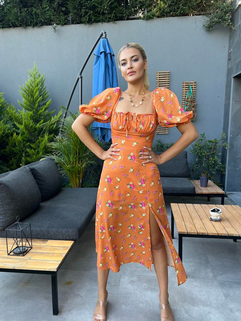 Bronte Turuncu Çiçekli Saten Elbise