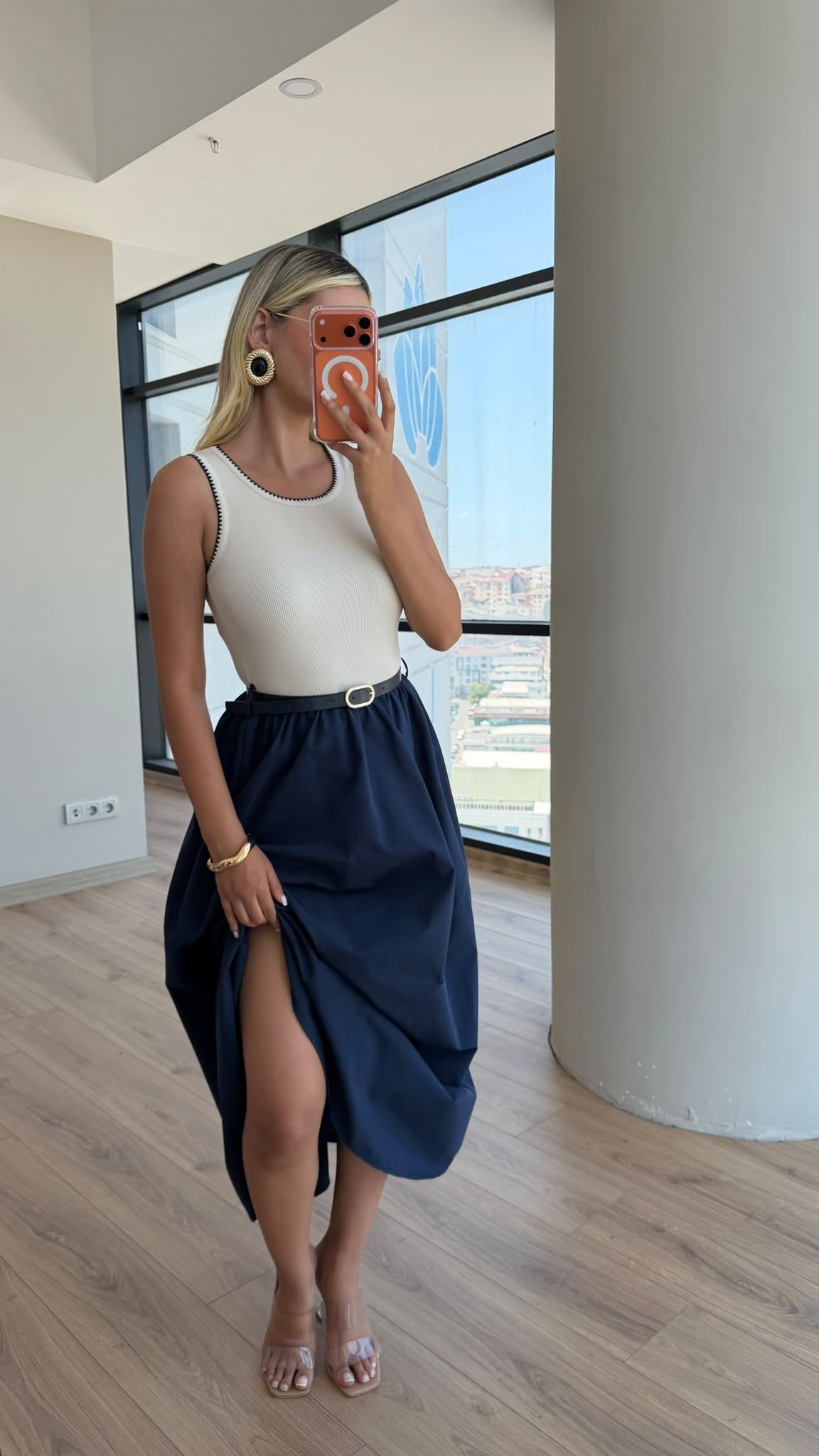 Dikiş Yakalı Kemerli Elbise Lacivert