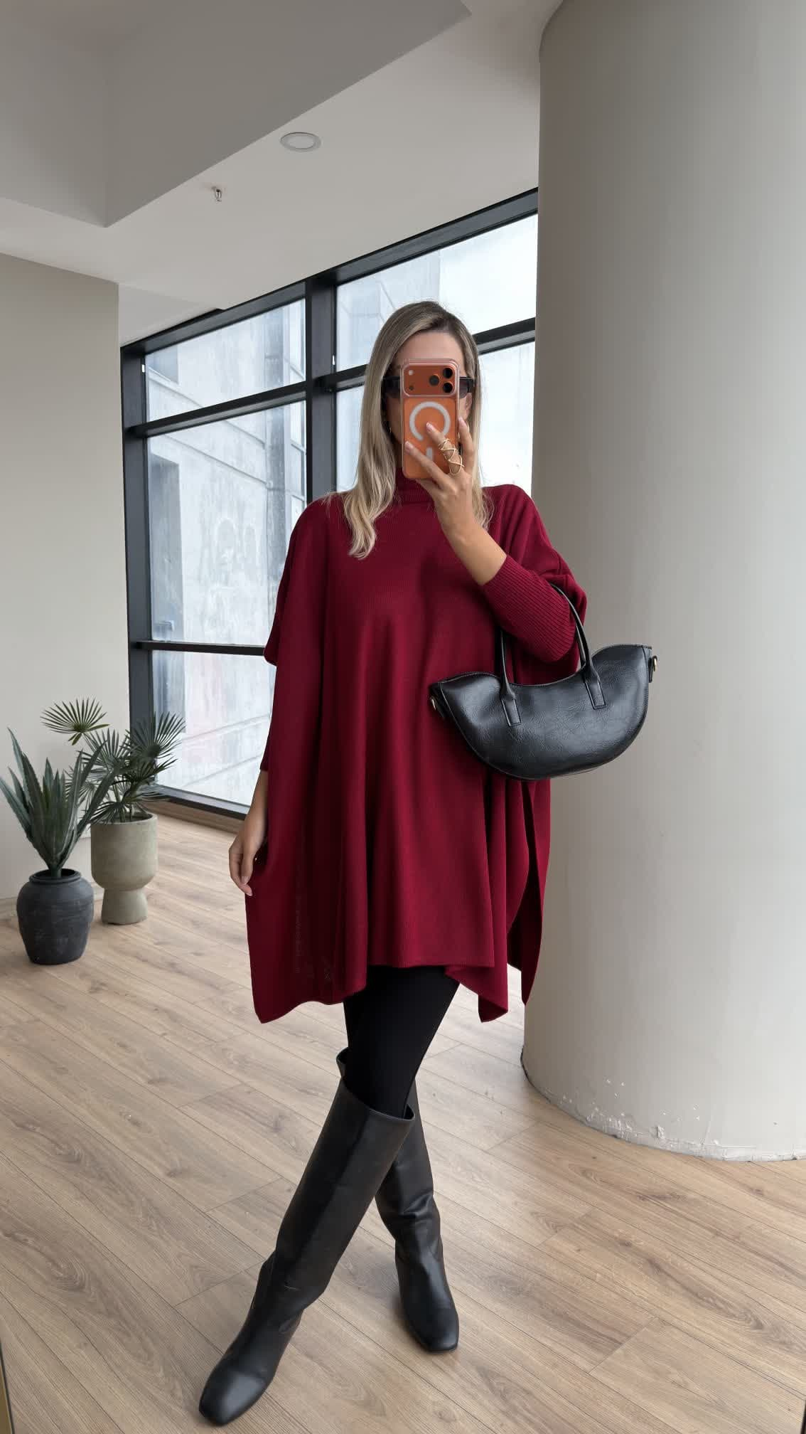 Emara Yan Yırtmaçlı Oversize Triko Bordo