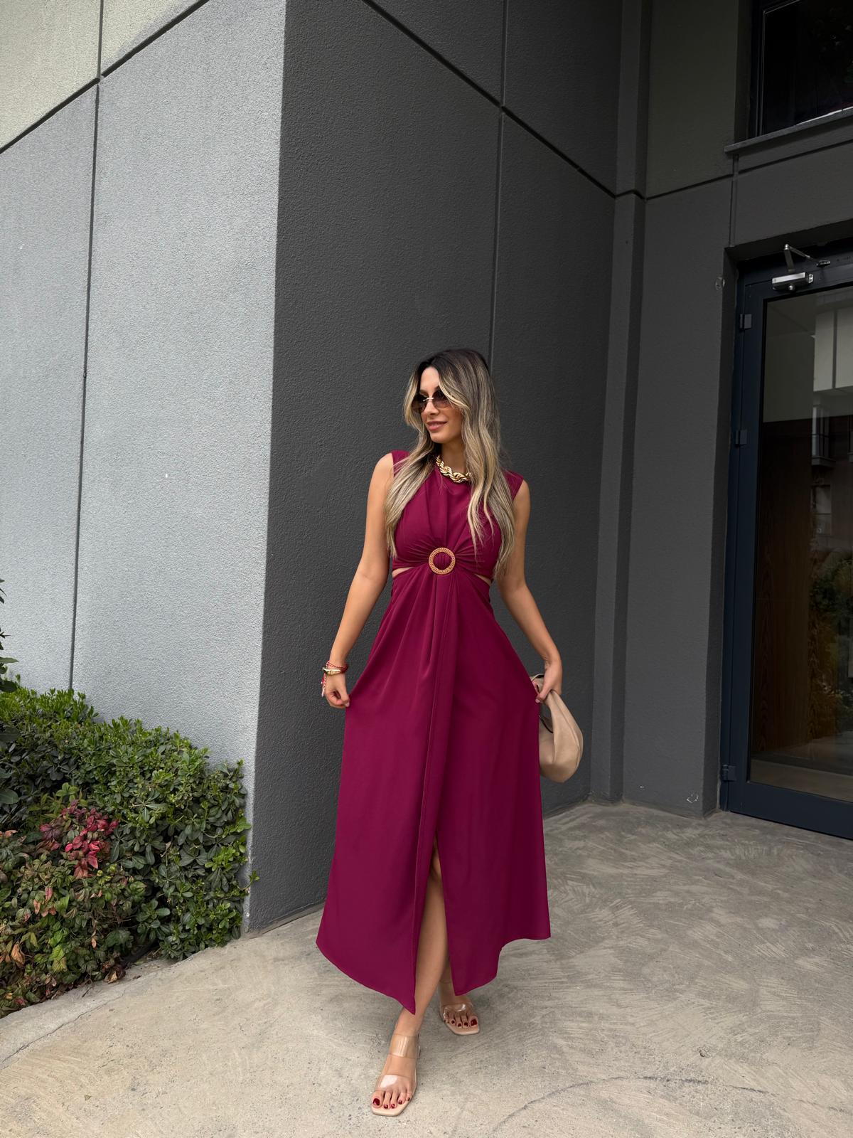 Zr Model Hasır Tokalı Bel Dekolteli Elbise Mürdümyelb3007ny