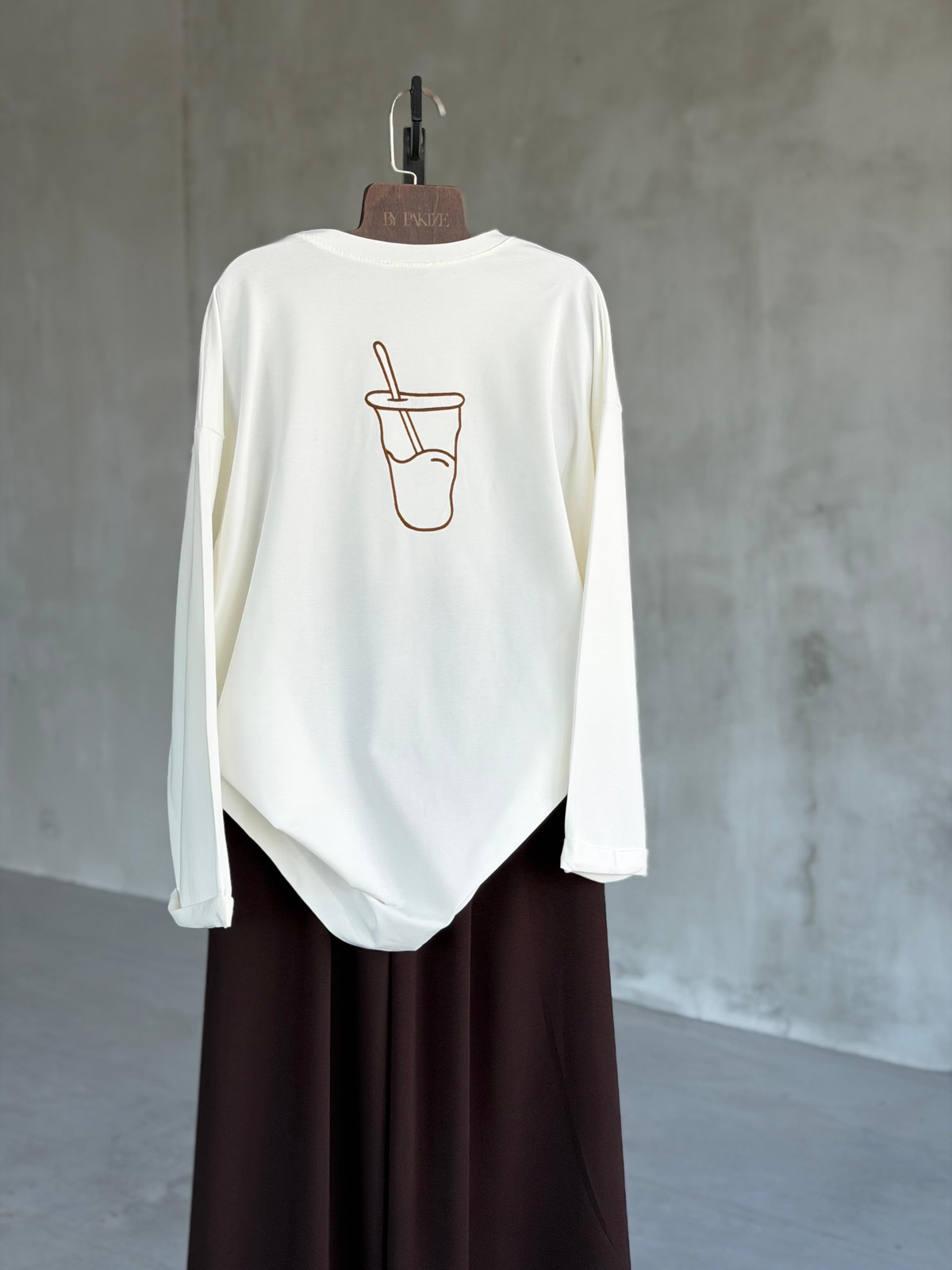  Basic Oversize Ön Arka Nakışlı Coffee Tişört (Beyaz)