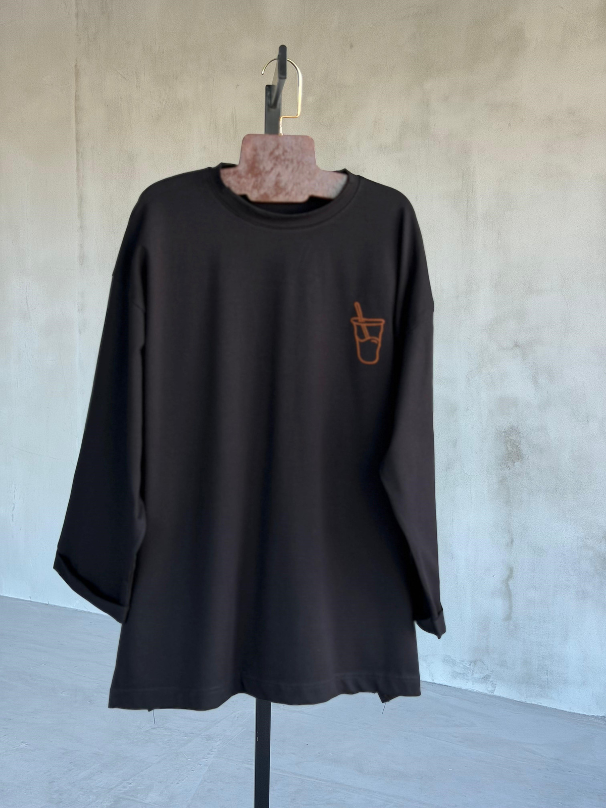  Basic Oversize Ön Arka Nakışlı Coffee Tişört (Siyah)