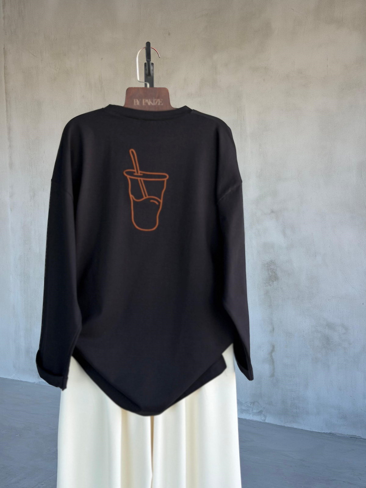  Basic Oversize Ön Arka Nakışlı Coffee Tişört (Siyah)
