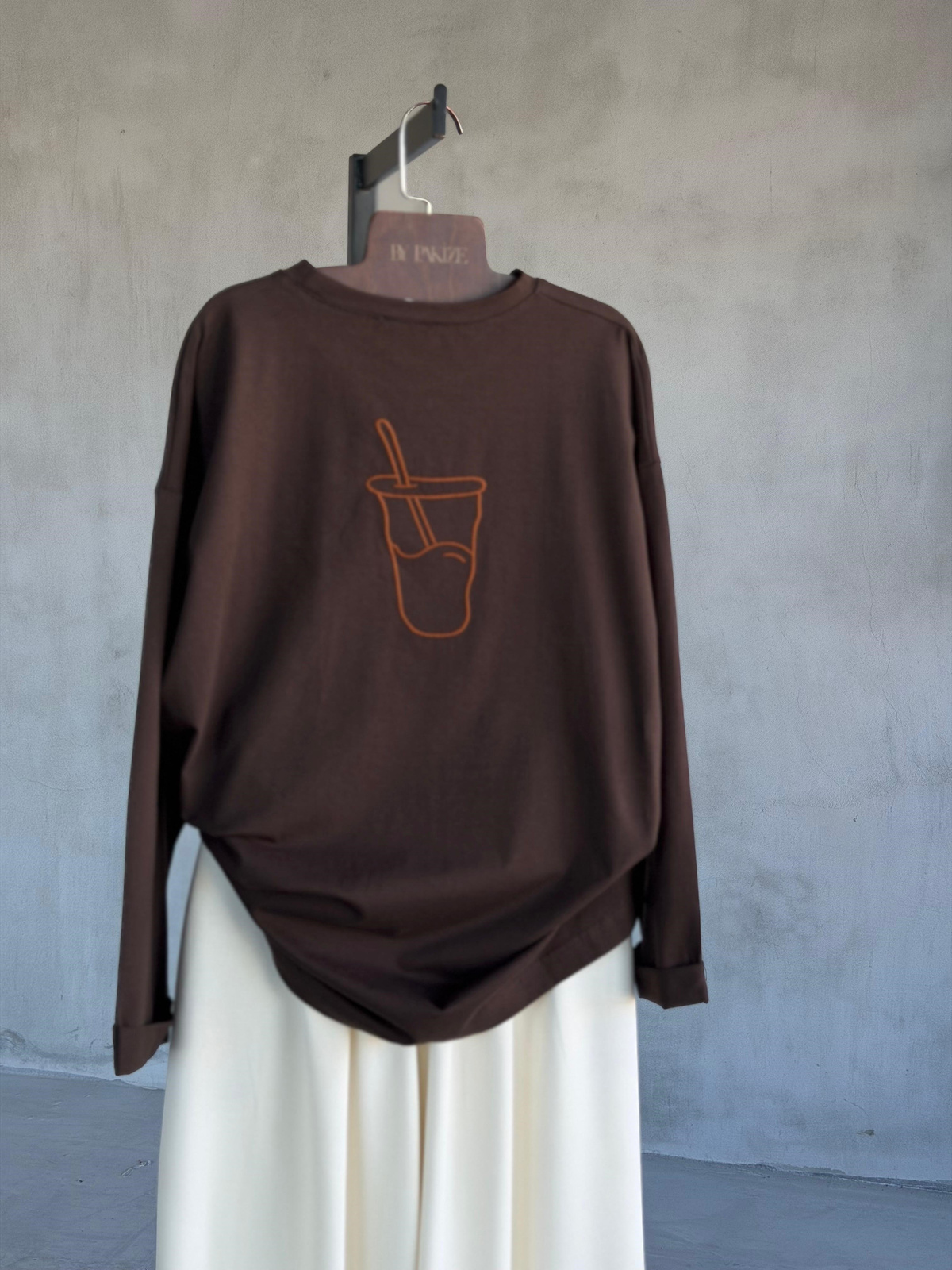 Basic Oversize Ön Arka Nakışlı Coffee Tişört (Kahve)