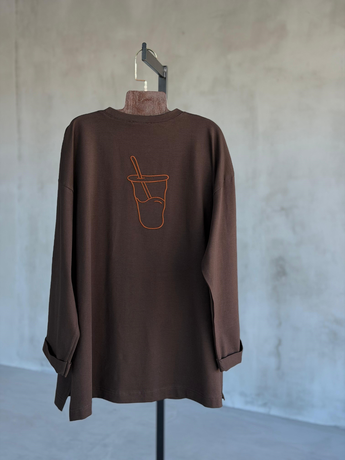  Basic Oversize Ön Arka Nakışlı Coffee Tişört (Kahve)