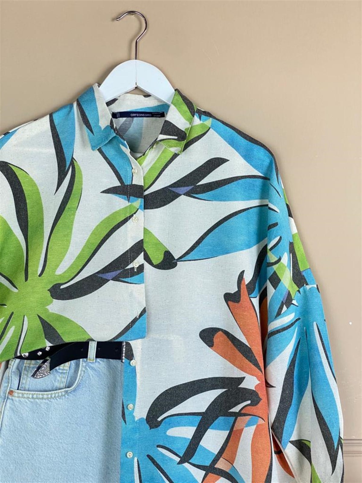  Yaprak Desenli Oversıze Keten Gömlek (Ekru)