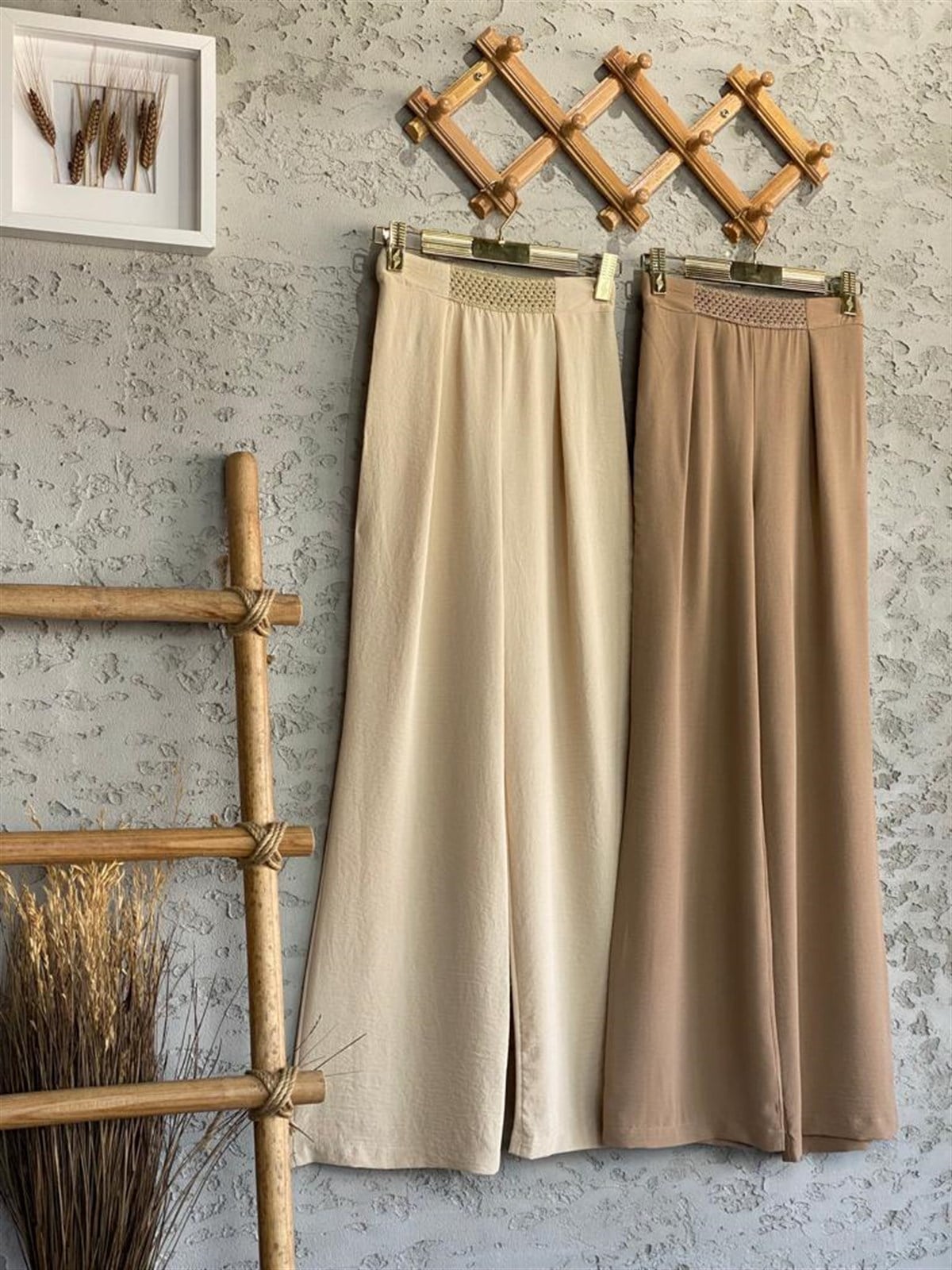 Aerobin Kumaş Örgü Bel Bol Paça Pantolon (Camel)