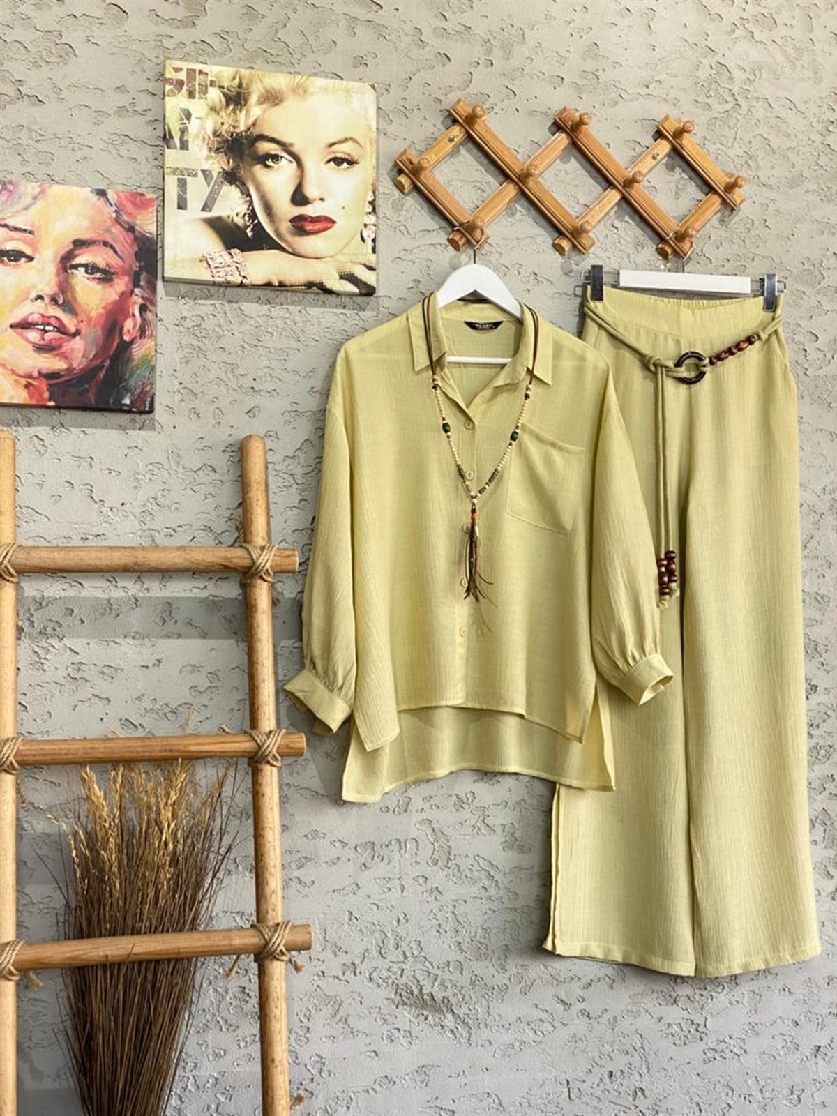Ağaç Kabuk Dokuma Boncuk Kemerli Oversize Gömlek Ve Pantolon Takım (Mint)