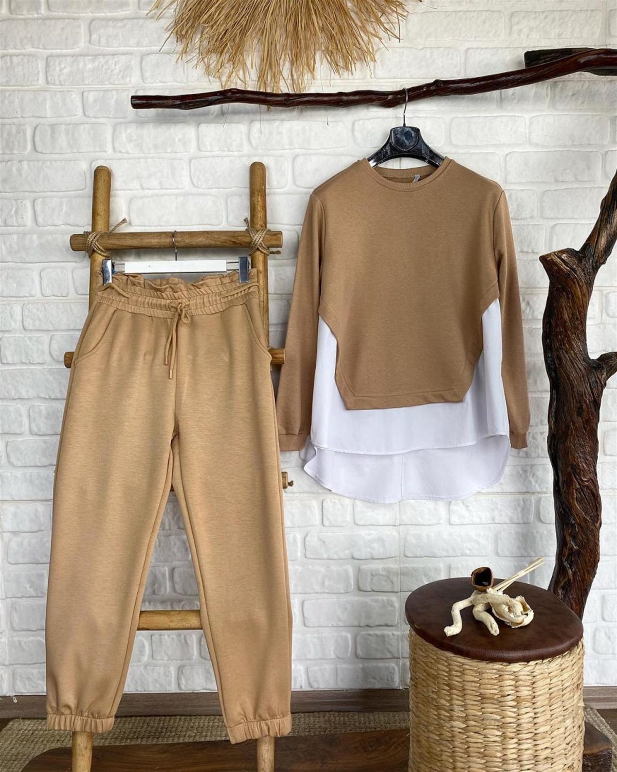 Altı Coton Kumaş Üstü İkiiplik Sweat Kumaş Sweatshirt (CAMEL & SİYAH)