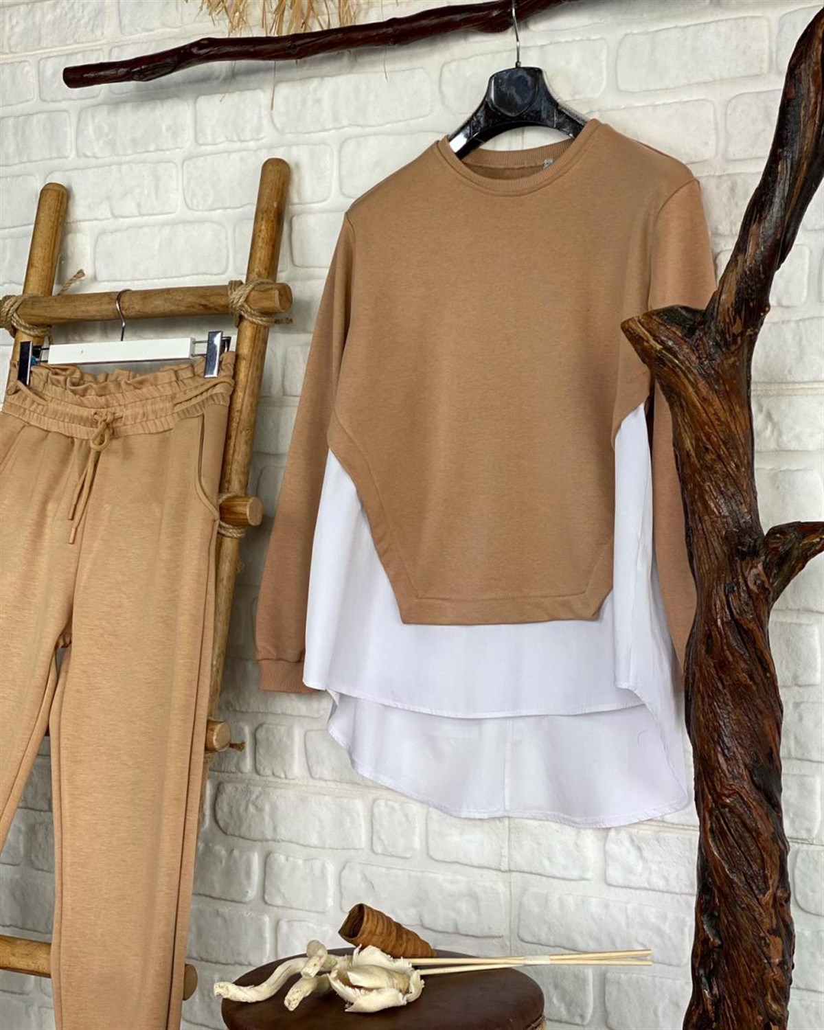 Altı Coton Kumaş Üstü İkiiplik Sweat Kumaş Sweatshirt (CAMEL & SİYAH)
