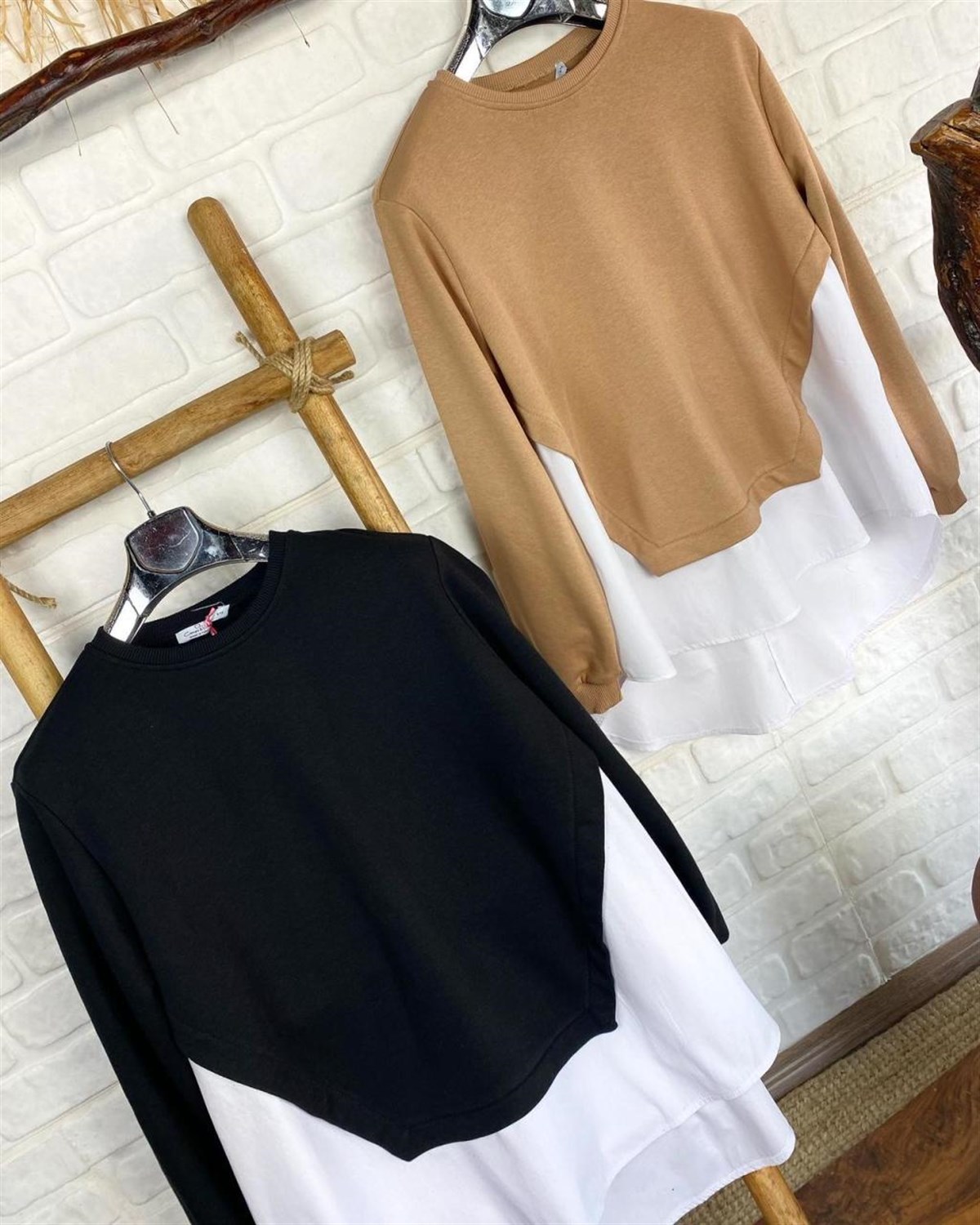Altı Coton Kumaş Üstü İkiiplik Sweat Kumaş Sweatshirt (CAMEL & SİYAH)