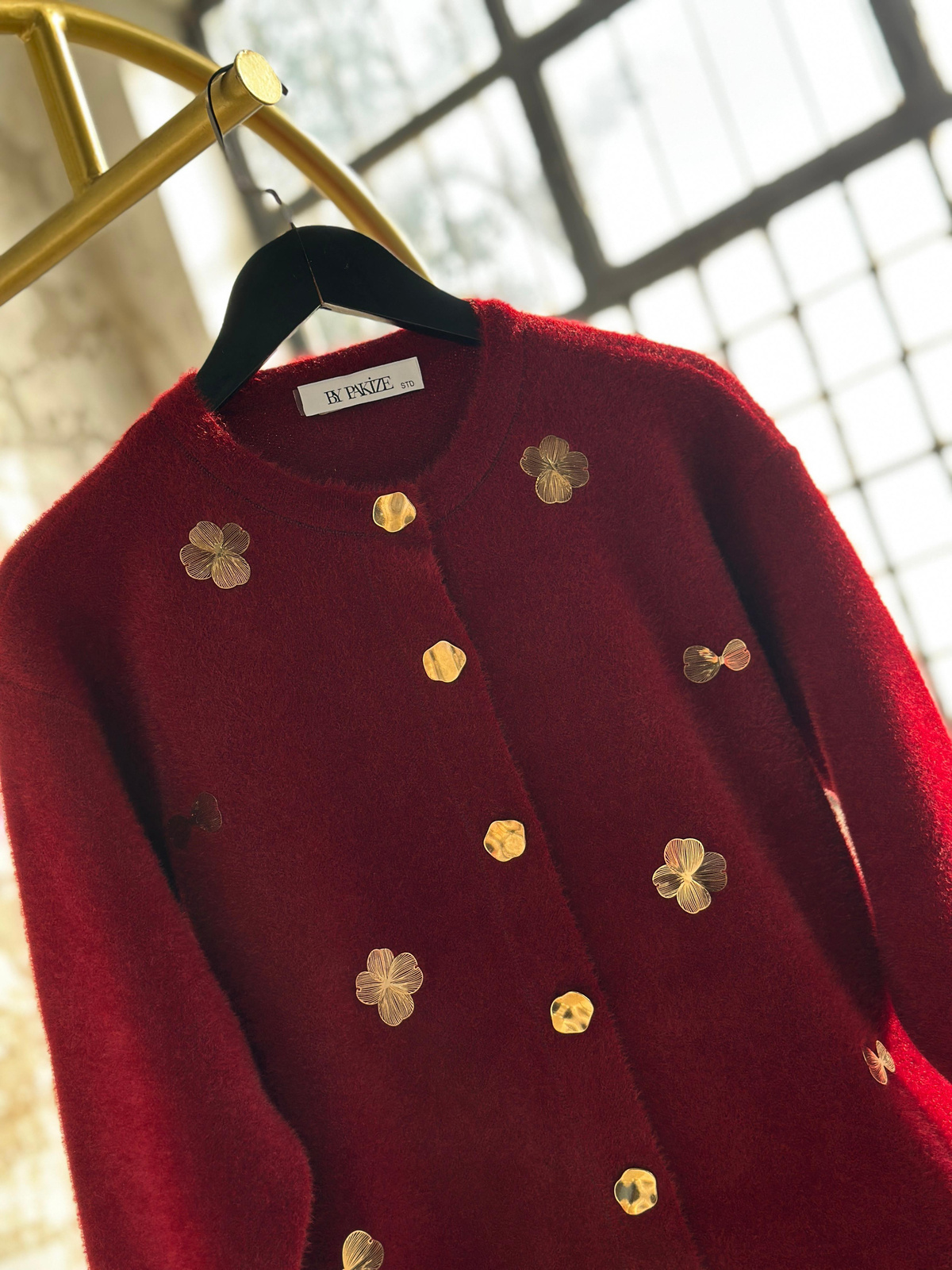 Altın Çiçekli Angora Hırka (Bordo)