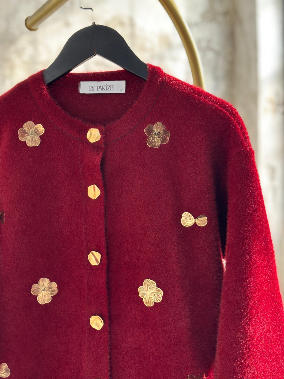 Altın Çiçekli Angora Hırka (Bordo)
