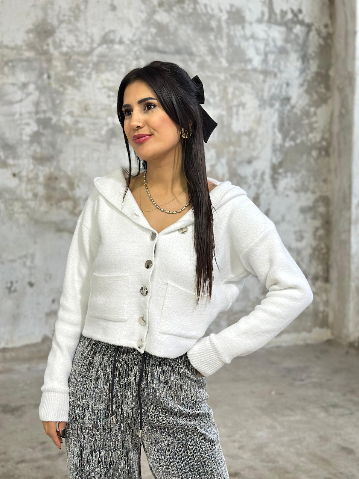 Angora Gold Düğmeli Kapüşonlu Hırka (Beyaz)