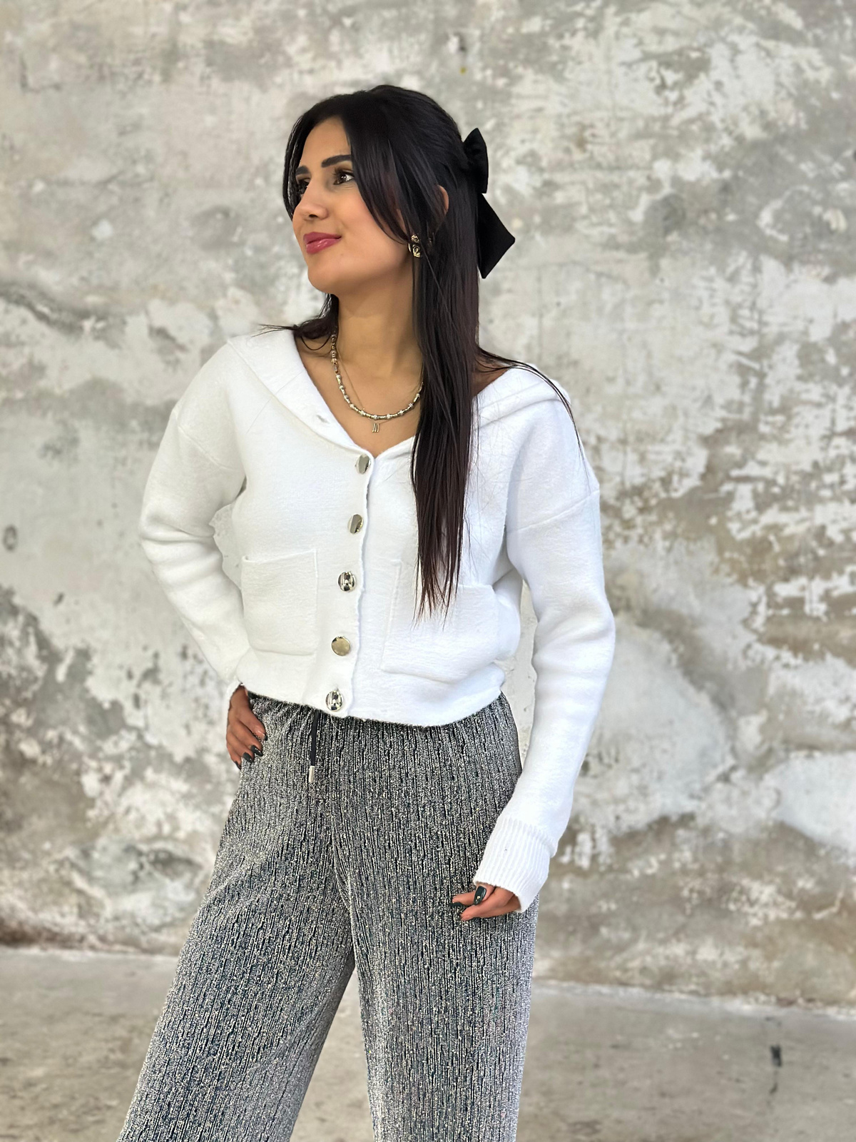 Angora Gold Düğmeli Kapüşonlu Hırka (Beyaz)