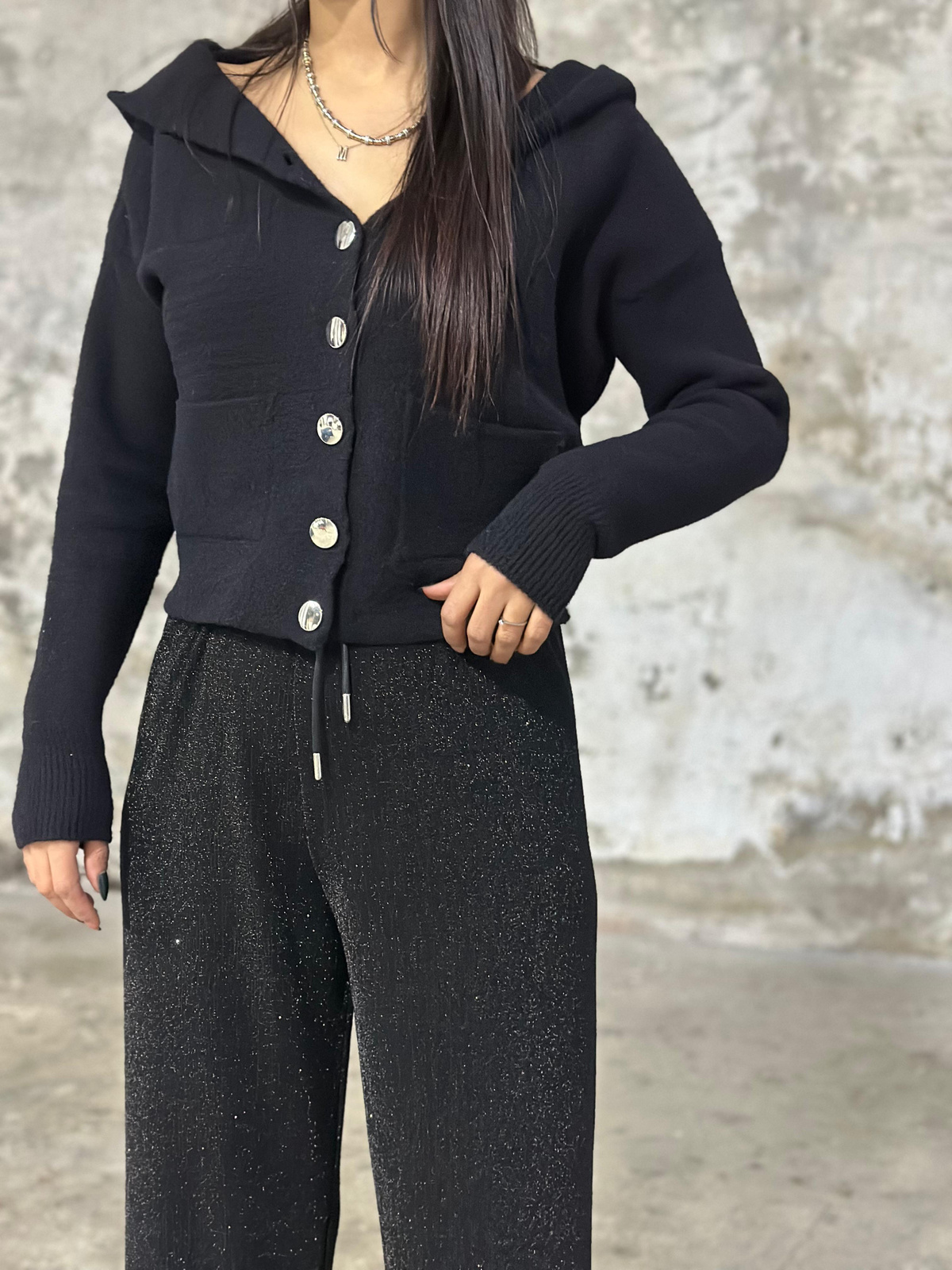 Angora Gold Düğmeli Kapüşonlu Hırka (Siyah)