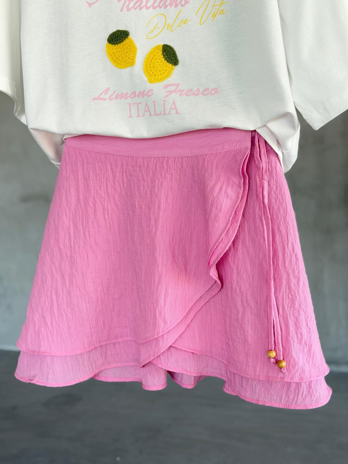 Anvelop Bağlamalı Katlı Mini Etek (Pembe)