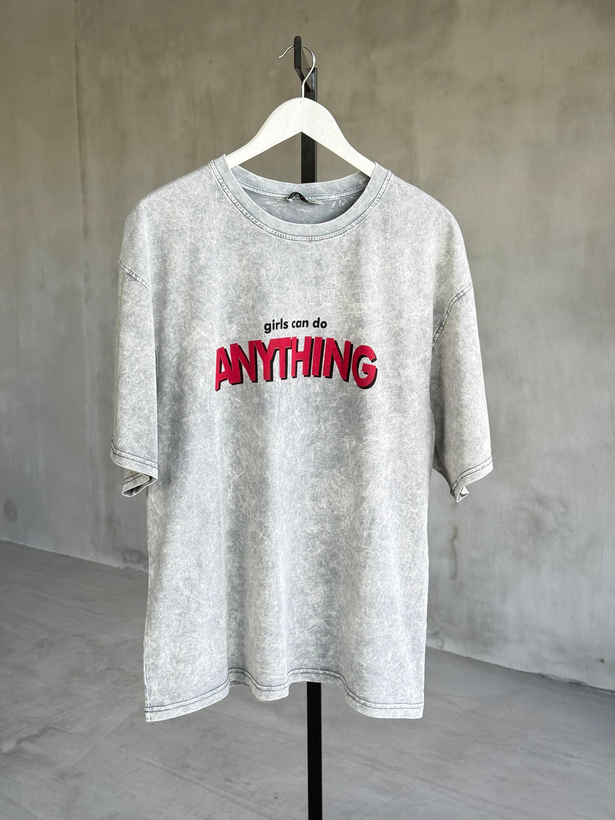 Anythıng Yazı Baskı Taş Yıkamalı Oversize Tişört (Gri)