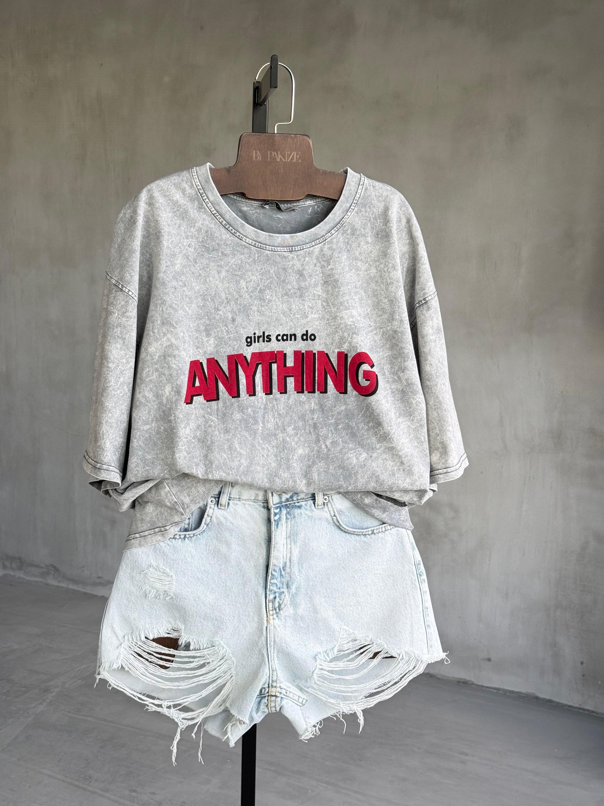 Anythıng Yazı Baskı Taş Yıkamalı Oversize Tişört (Gri)