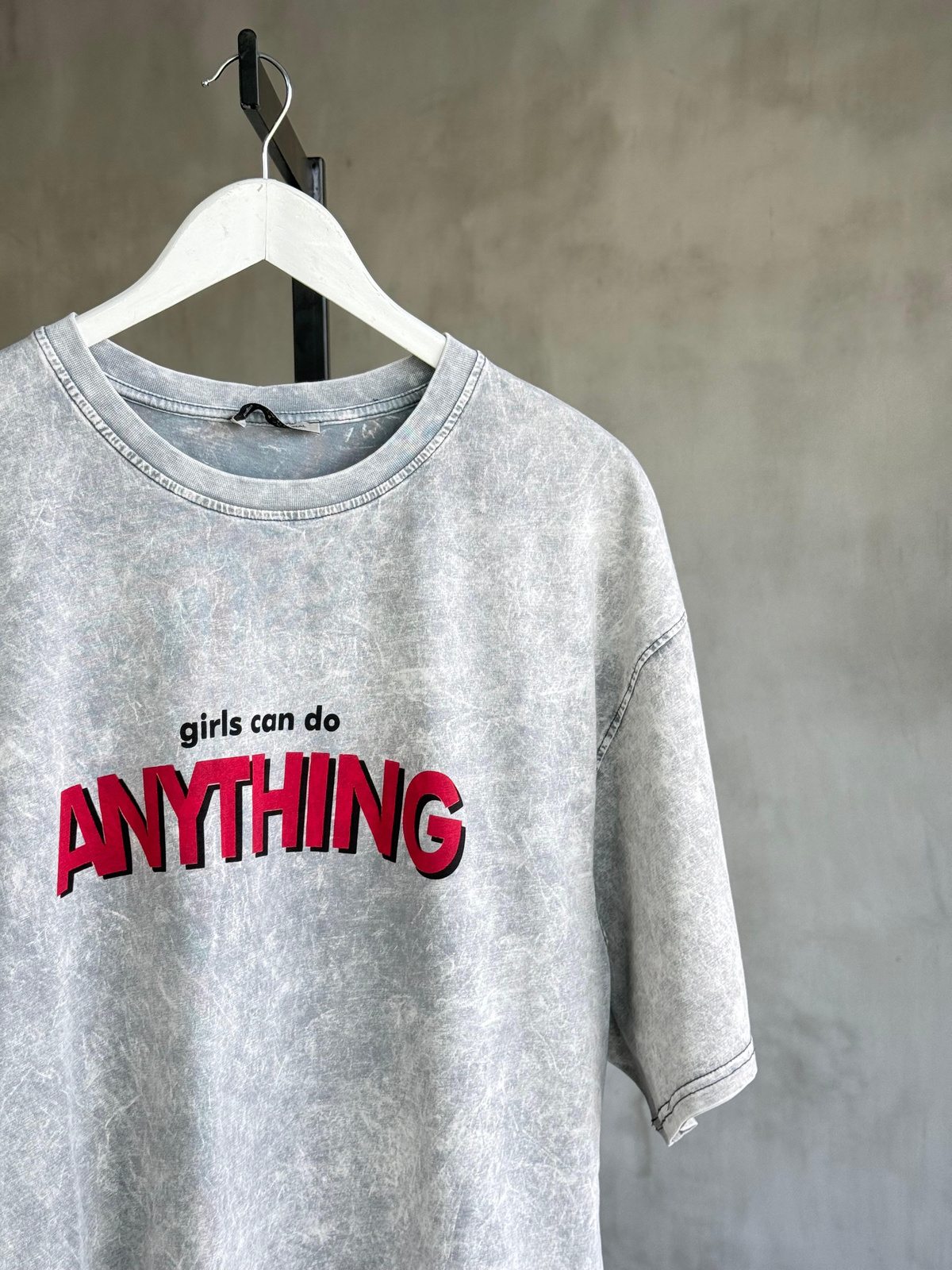 Anythıng Yazı Baskı Taş Yıkamalı Oversize Tişört (Gri)