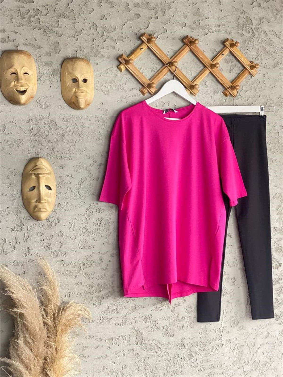 Arkası Yırtmaçlı Tunik Salaş Tshirt (Fuşya)