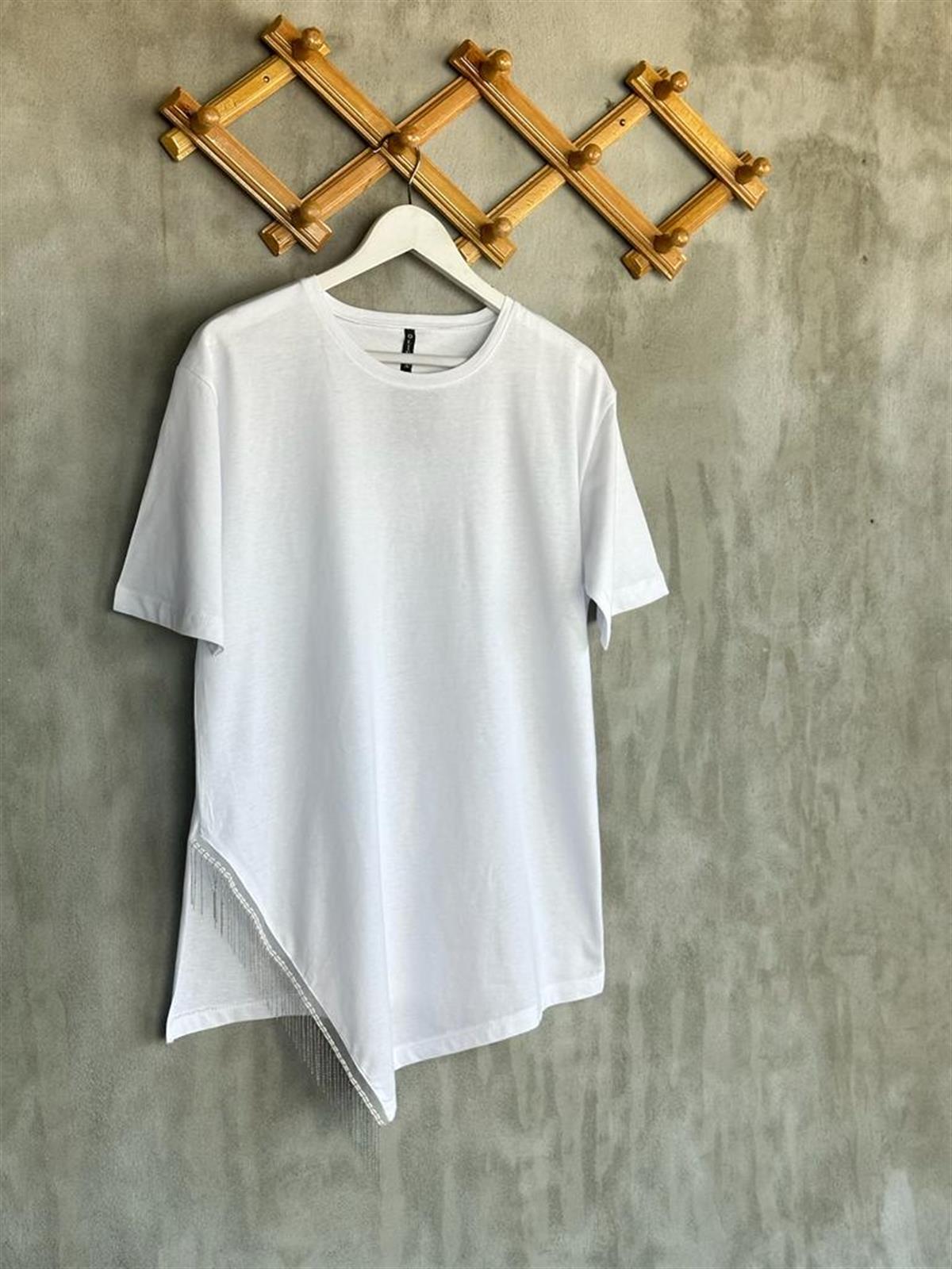 Asimetrik Kesim Zincir Detaylı Oversize Tişört (Beyaz)