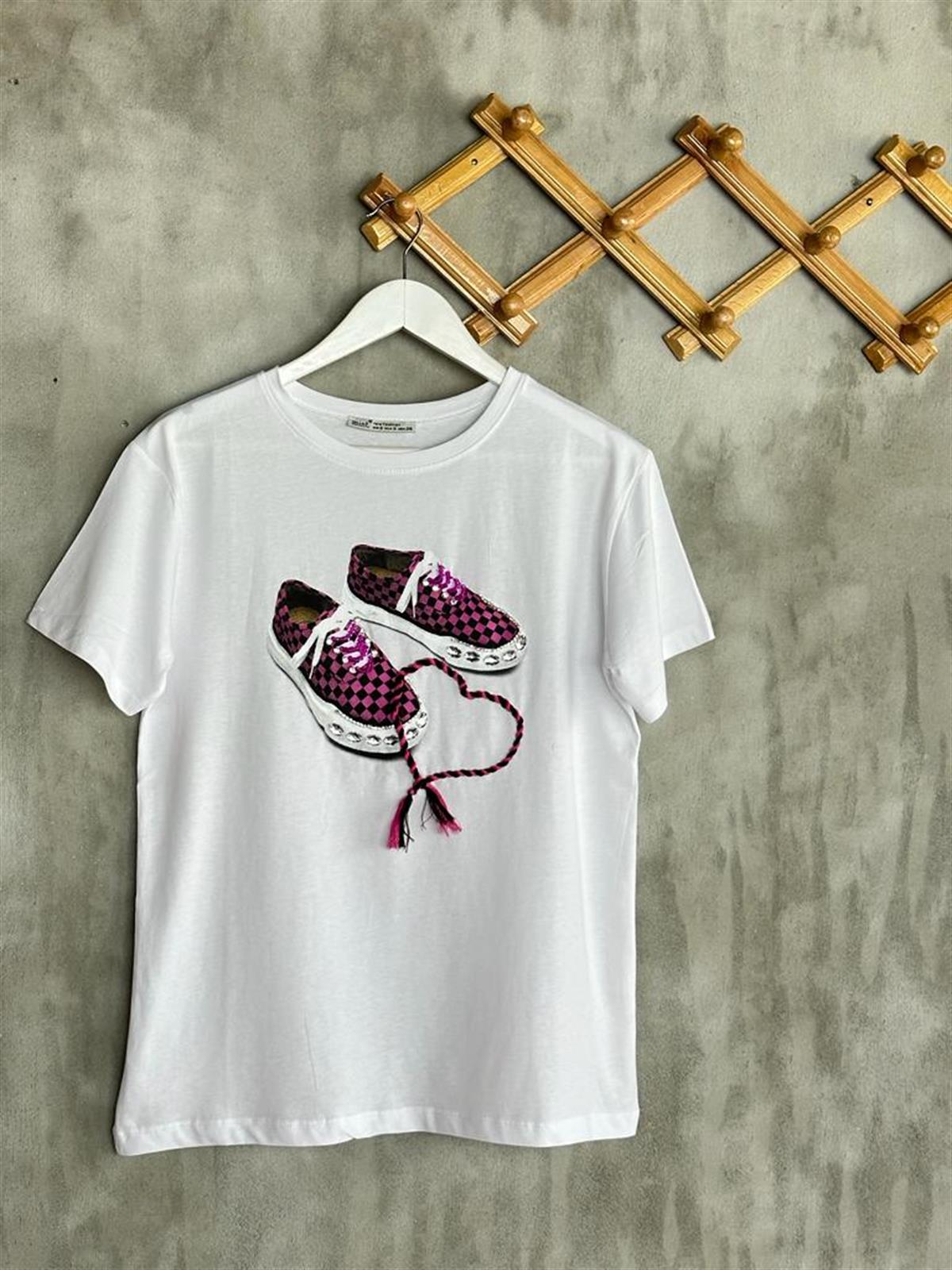 Ayakkabı Desenli Kristal Taş Ve Boncuk İşlemeli Tişört (Beyaz)